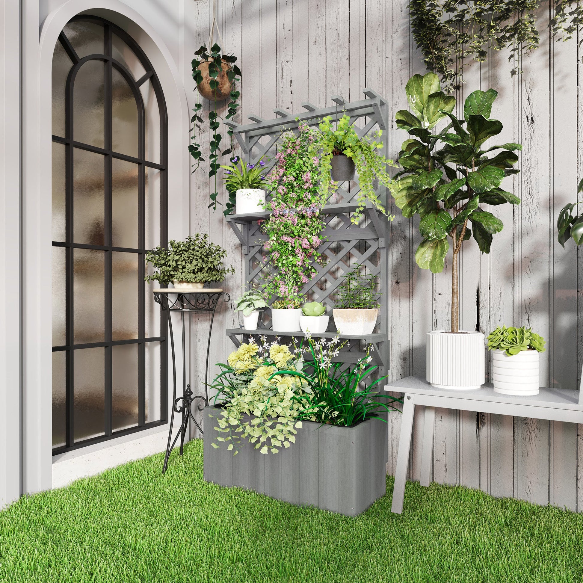 Wooden Planter with Trellis, Raised Garden Bed with Hanging Roof, Plant Shelf, Drainage Holes and Bed Liner for Climbing Plants, Flowers, 30" x 13" x 70", Grey