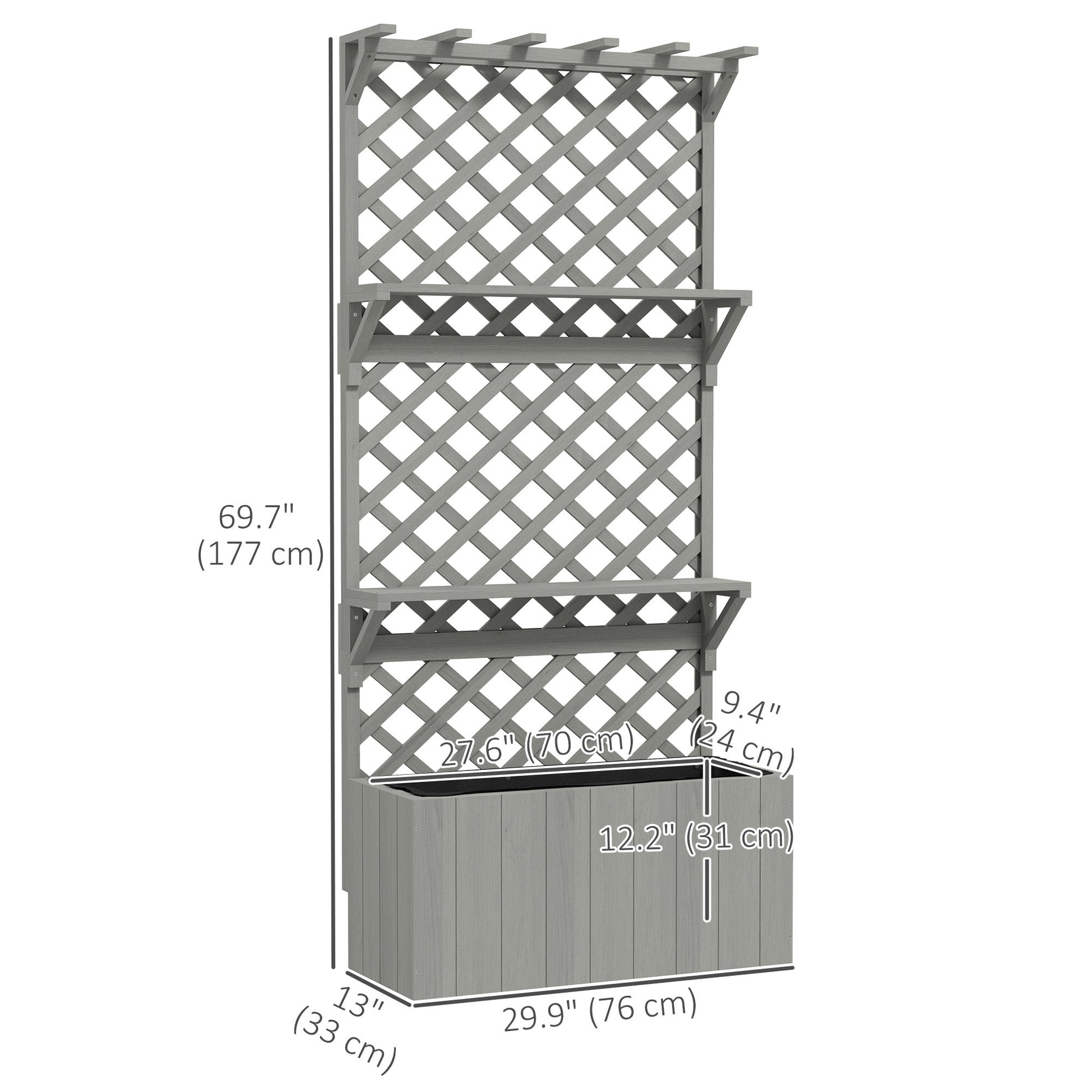 Wooden Planter with Trellis, Raised Garden Bed with Hanging Roof, Plant Shelf, Drainage Holes and Bed Liner for Climbing Plants, Flowers, 30" x 13" x 70", Grey