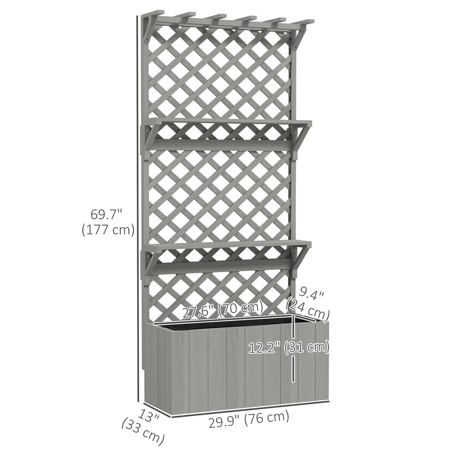 Wooden Planter with Trellis, Raised Garden Bed with Hanging Roof, Plant Shelf, Drainage Holes and Bed Liner for Climbing Plants, Flowers, 30" x 13" x 70", Grey