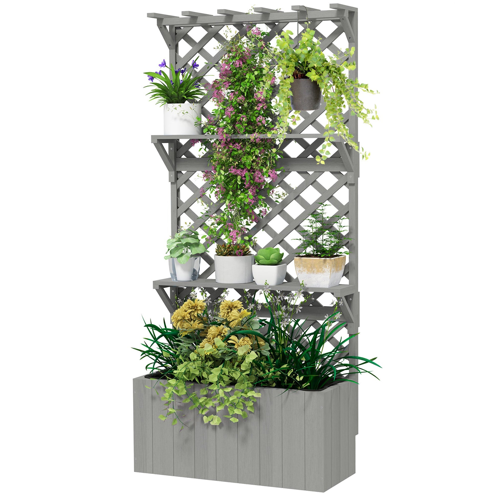 Wooden Planter with Trellis, Raised Garden Bed with Hanging Roof, Plant Shelf, Drainage Holes and Bed Liner for Climbing Plants, Flowers, 30" x 13" x 70", Grey