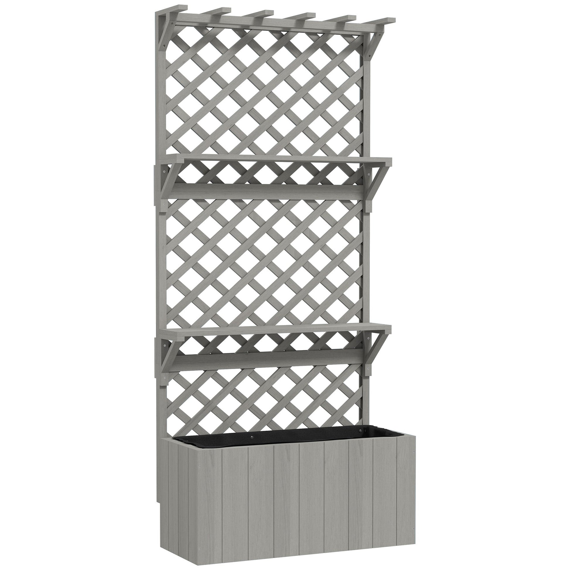 Wooden Planter with Trellis, Raised Garden Bed with Hanging Roof, Plant Shelf, Drainage Holes and Bed Liner for Climbing Plants, Flowers, 30" x 13" x 70", Grey
