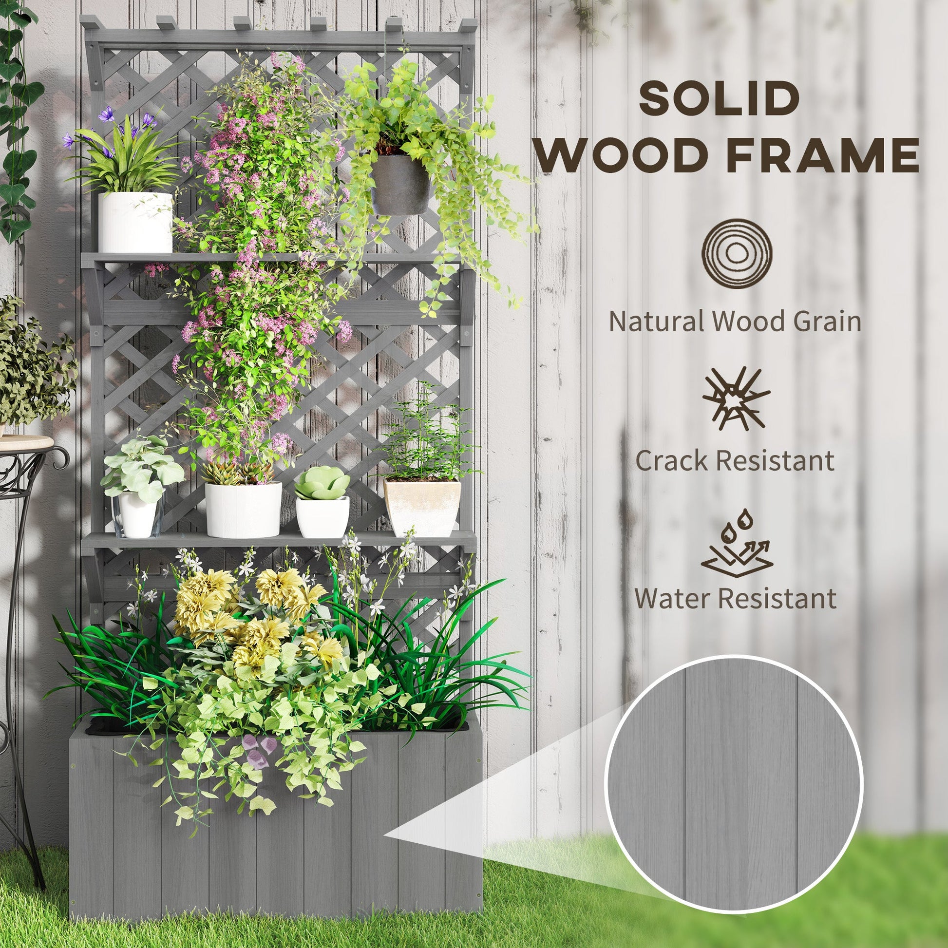 Wooden Planter with Trellis, Raised Garden Bed with Hanging Roof, Plant Shelf, Drainage Holes and Bed Liner for Climbing Plants, Flowers, 30" x 13" x 70", Grey