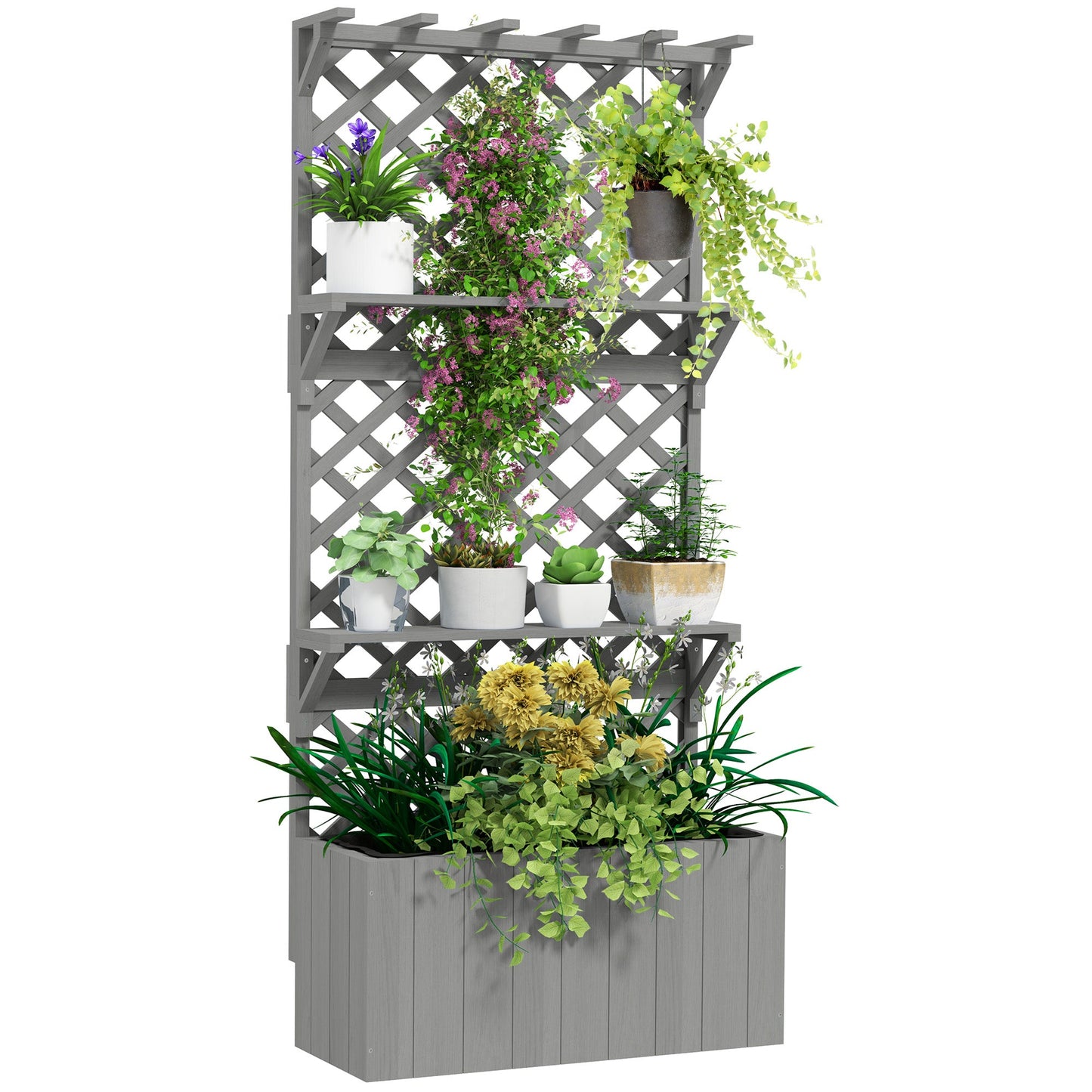 Wooden Planter with Trellis, Raised Garden Bed with Hanging Roof, Plant Shelf, Drainage Holes and Bed Liner for Climbing Plants, Flowers, 30" x 13" x 70", Grey