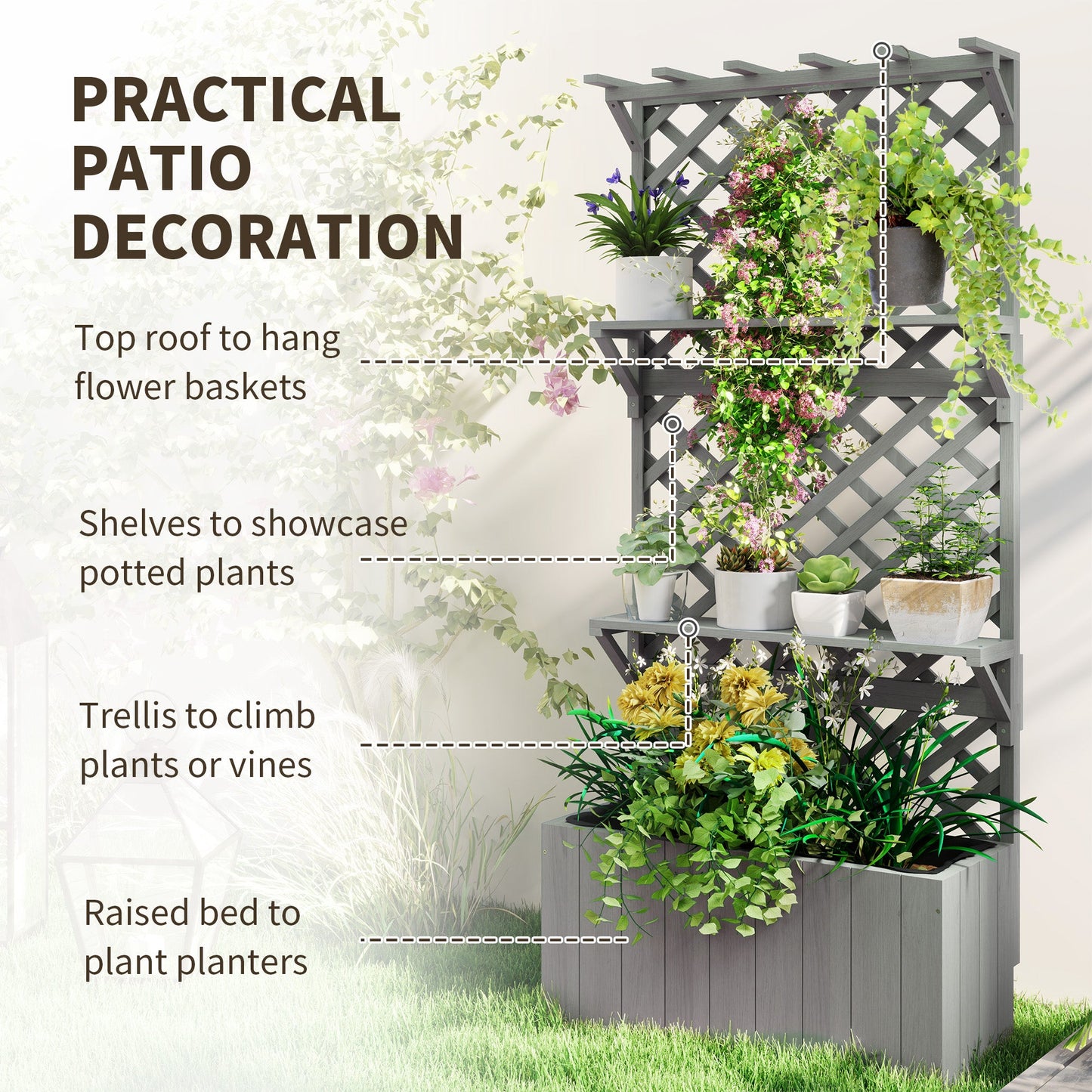 Wooden Planter with Trellis, Raised Garden Bed with Hanging Roof, Plant Shelf, Drainage Holes and Bed Liner for Climbing Plants, Flowers, 30" x 13" x 70", Grey