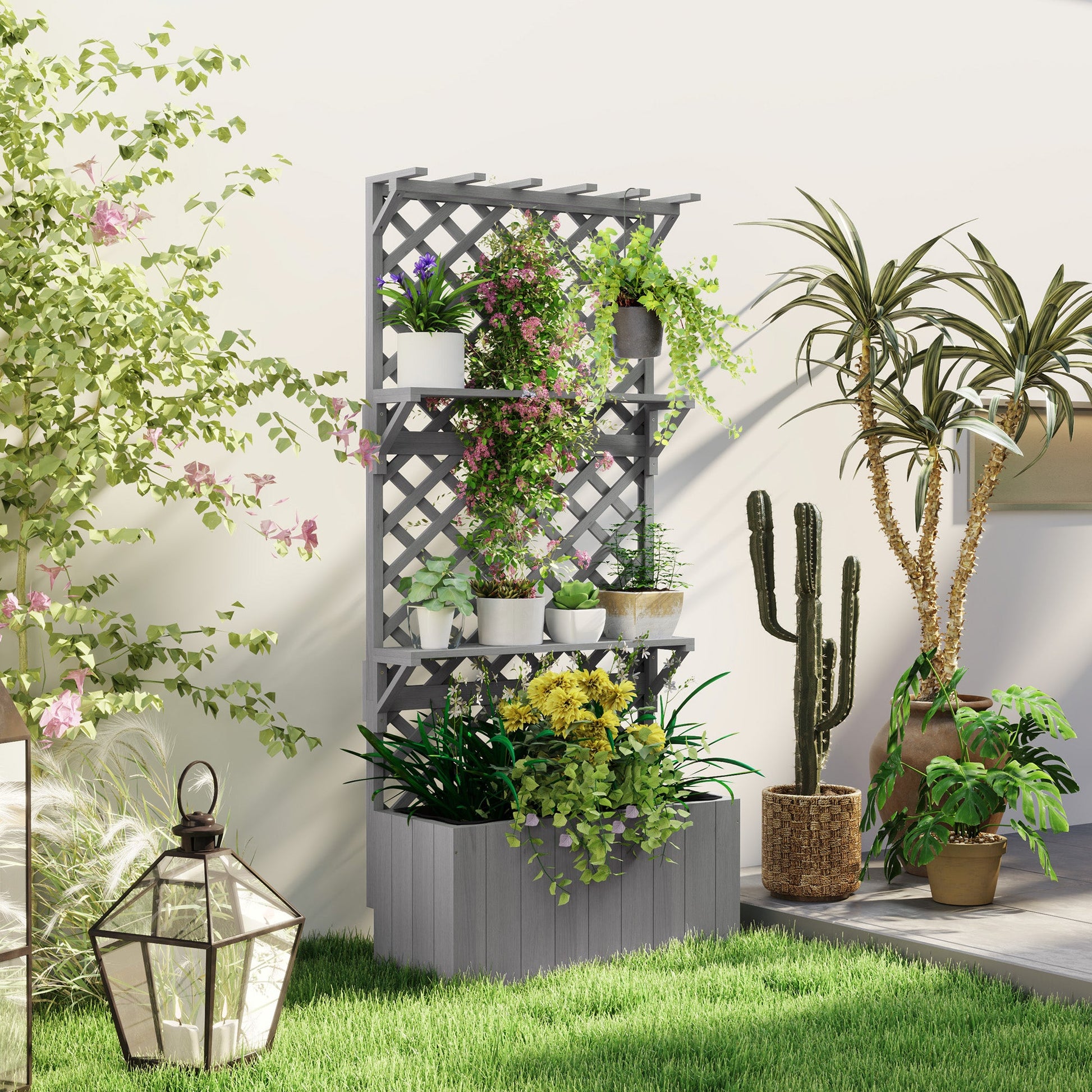Wooden Planter with Trellis, Raised Garden Bed with Hanging Roof, Plant Shelf, Drainage Holes and Bed Liner for Climbing Plants, Flowers, 30" x 13" x 70", Grey