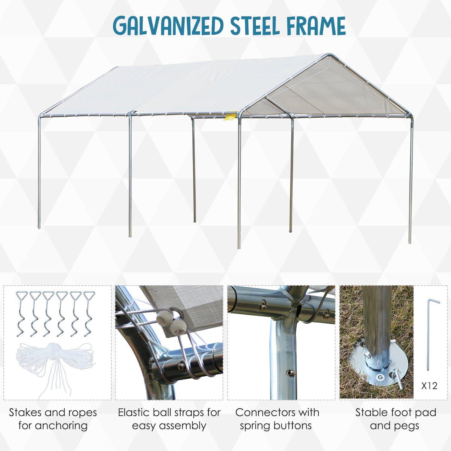 10' x 20' Carport Heavy Duty Galvanized Car Canopy with Included Anchor Kit, 3 Reinforced Steel Cables, White