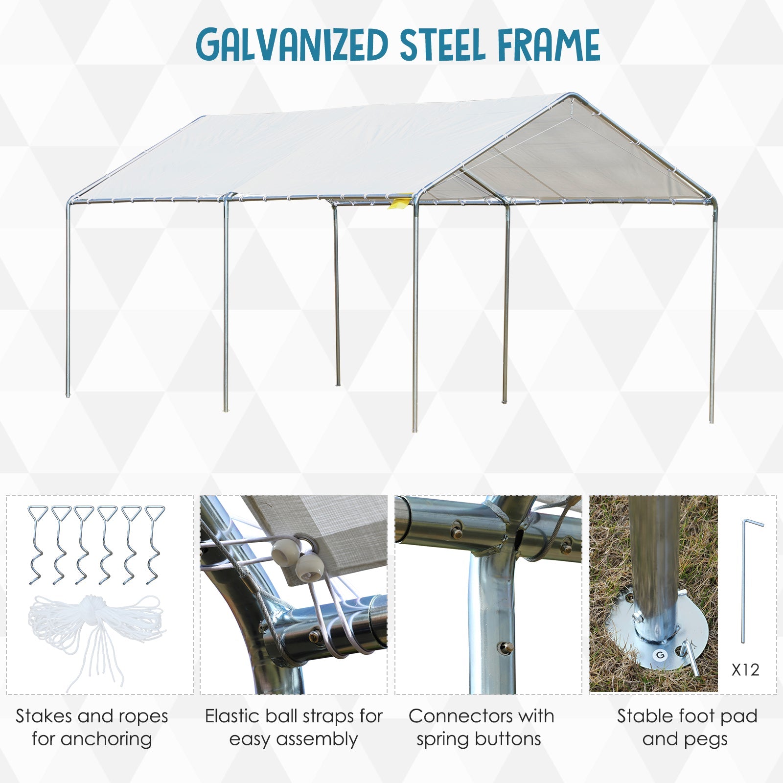 10' x 20' Carport Heavy Duty Galvanized Car Canopy with Included Anchor Kit, 3 Reinforced Steel Cables, White