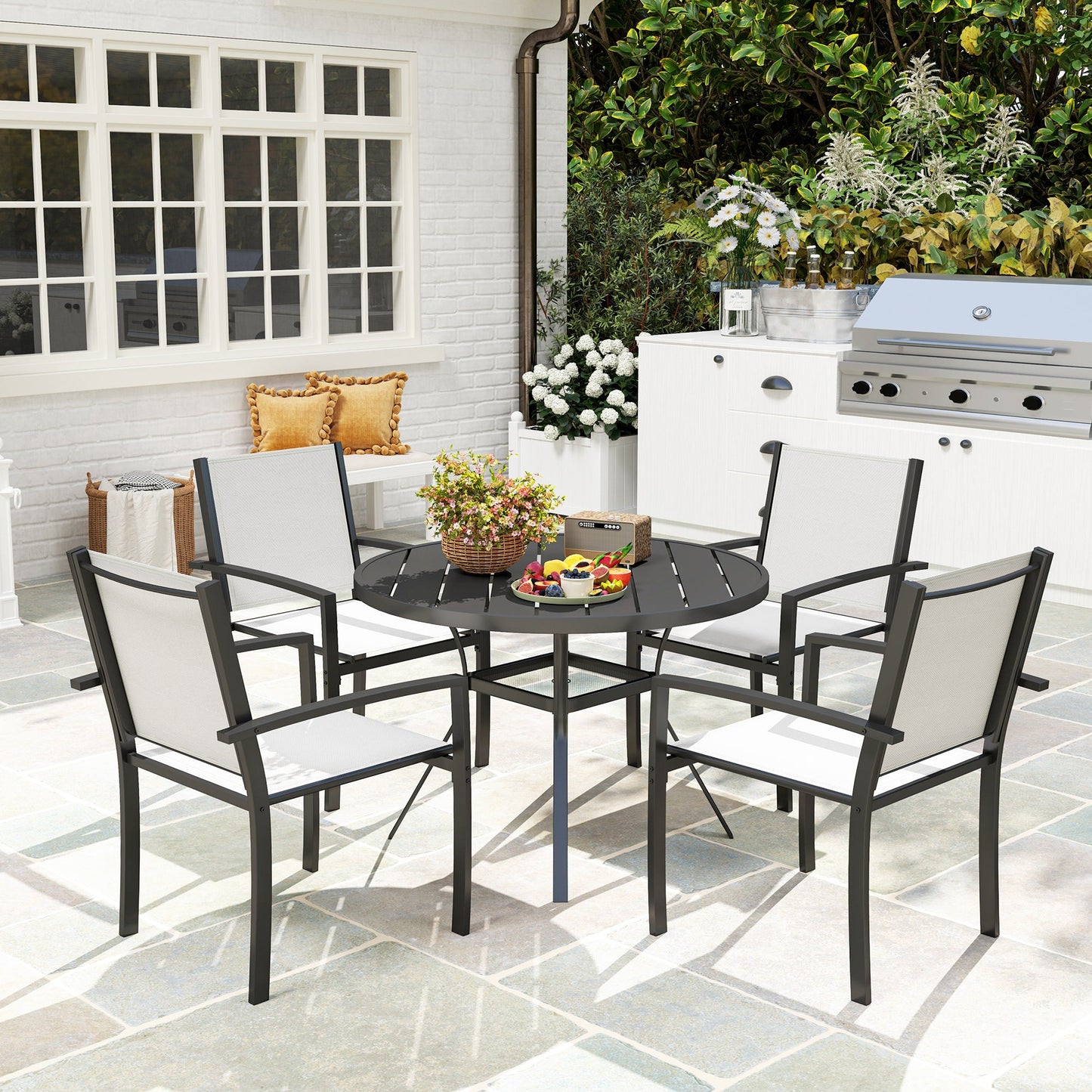 5 Piece Patio Table and Chairs, Outdoor Dining Set with Round Table and 4 Stackable Chairs, Steel Frame, for Backyard, Lawn, Deck, Balcony, Pool Side, Light Grey