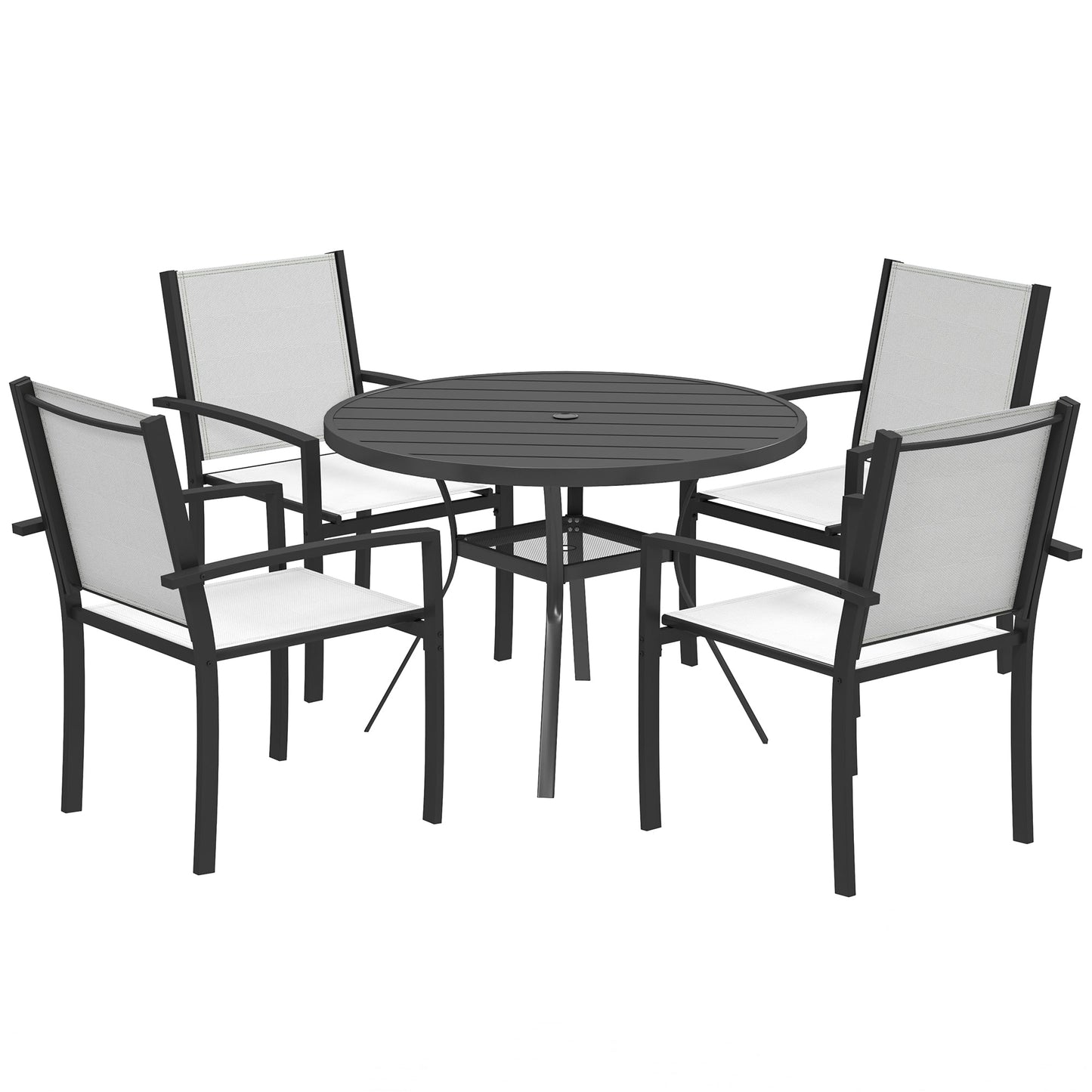 5 Piece Patio Table and Chairs, Outdoor Dining Set with Round Table and 4 Stackable Chairs, Steel Frame, for Backyard, Lawn, Deck, Balcony, Pool Side, Light Grey