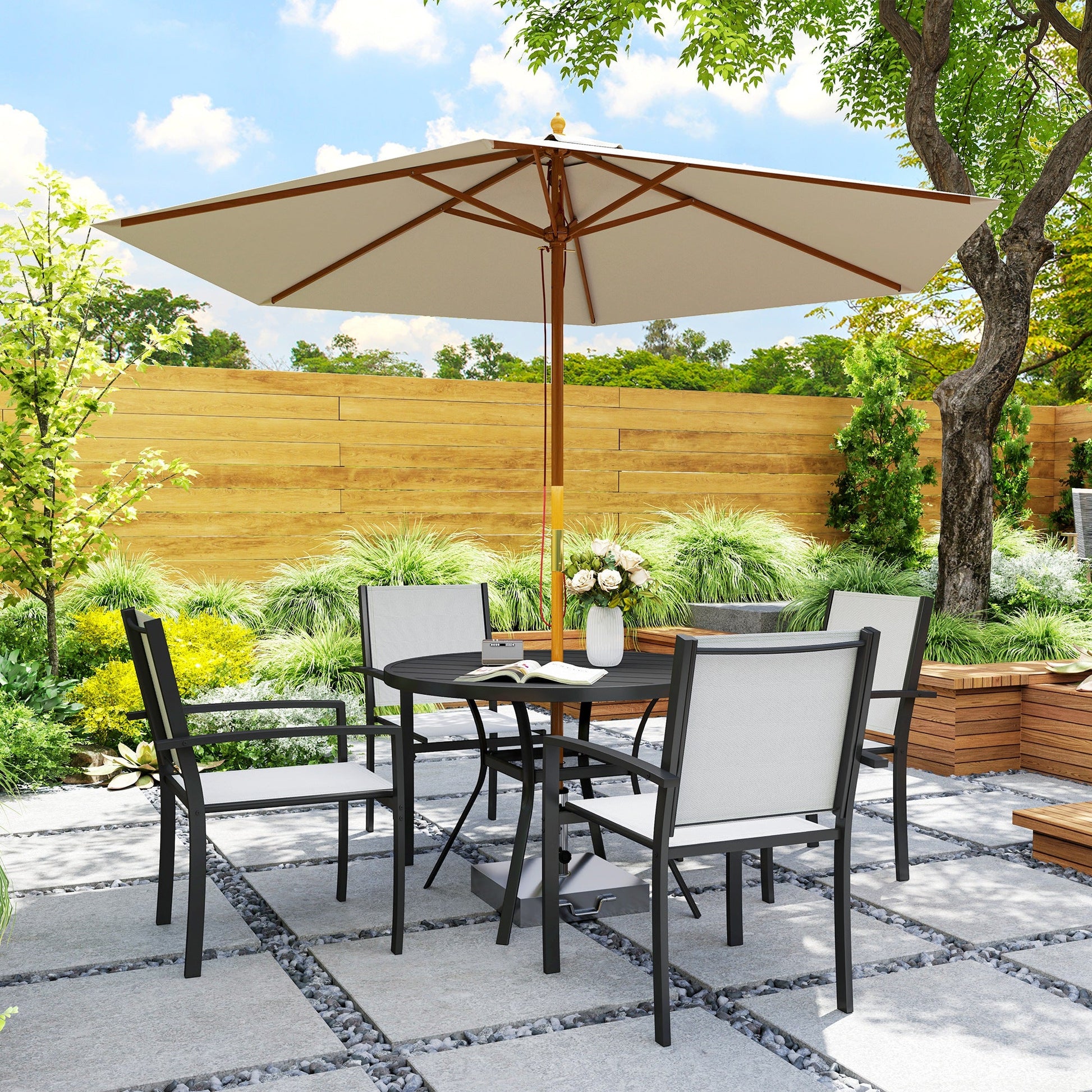 5 Piece Patio Table and Chairs, Outdoor Dining Set with Round Table and 4 Stackable Chairs, Steel Frame, for Backyard, Lawn, Deck, Balcony, Pool Side, Light Grey