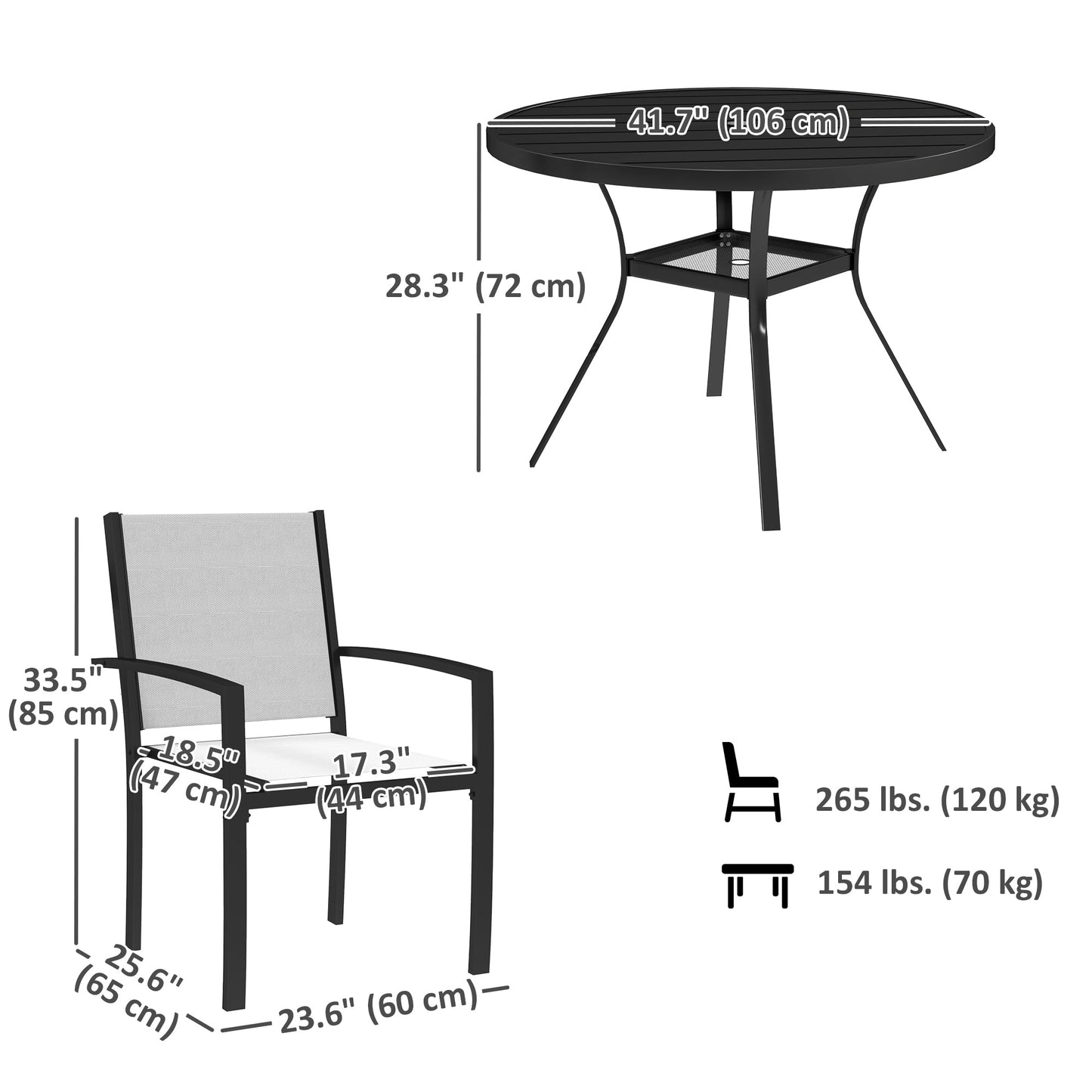 5 Piece Patio Table and Chairs, Outdoor Dining Set with Round Table and 4 Stackable Chairs, Steel Frame, for Backyard, Lawn, Deck, Balcony, Pool Side, Light Grey