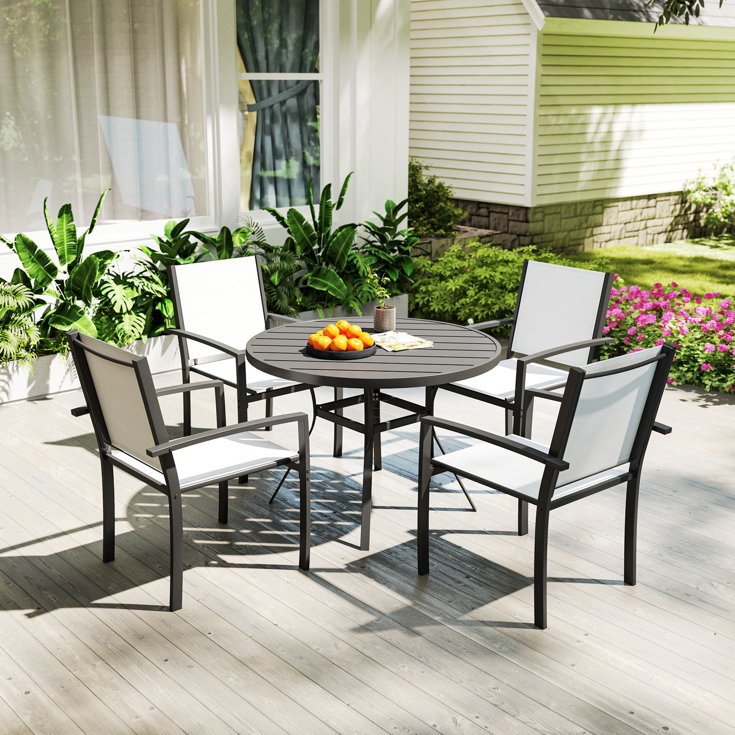 5 Piece Patio Table and Chairs, Outdoor Dining Set with Round Table and 4 Stackable Chairs, Steel Frame, for Backyard, Lawn, Deck, Balcony, Pool Side, Light Grey