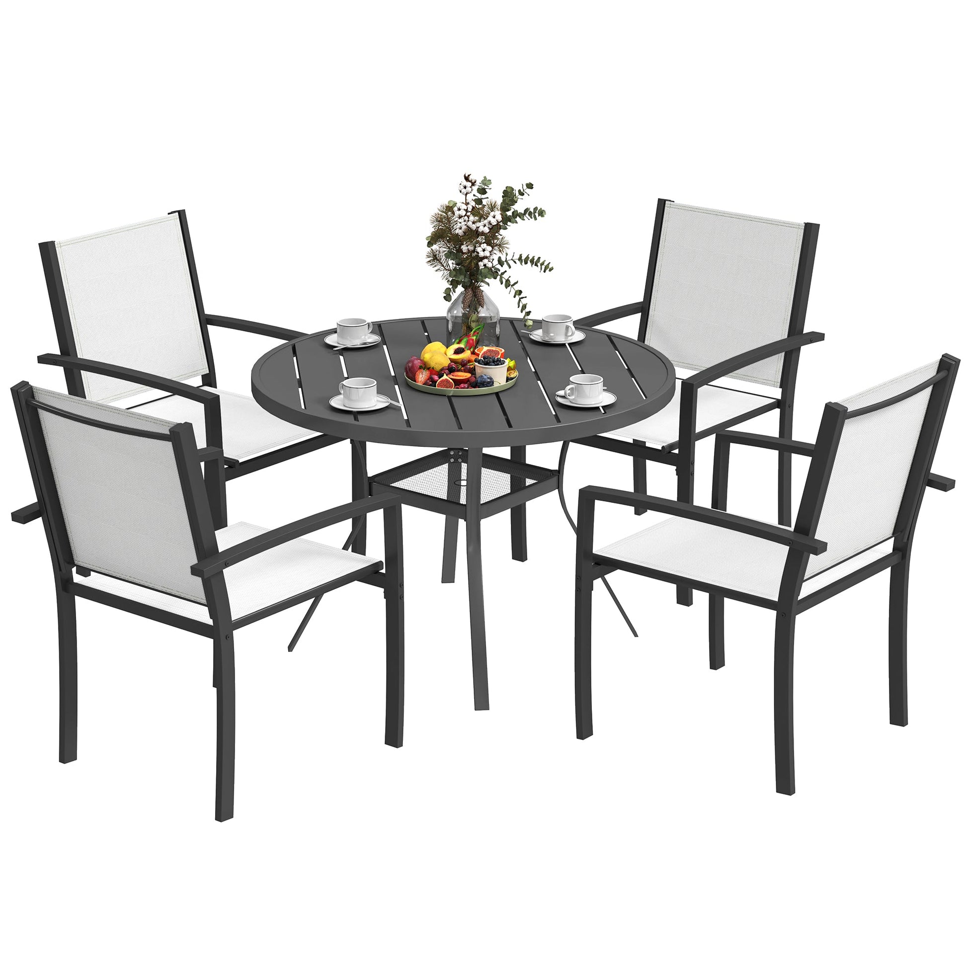 5 Piece Patio Table and Chairs, Outdoor Dining Set with Round Table and 4 Stackable Chairs, Steel Frame, for Backyard, Lawn, Deck, Balcony, Pool Side, Light Grey