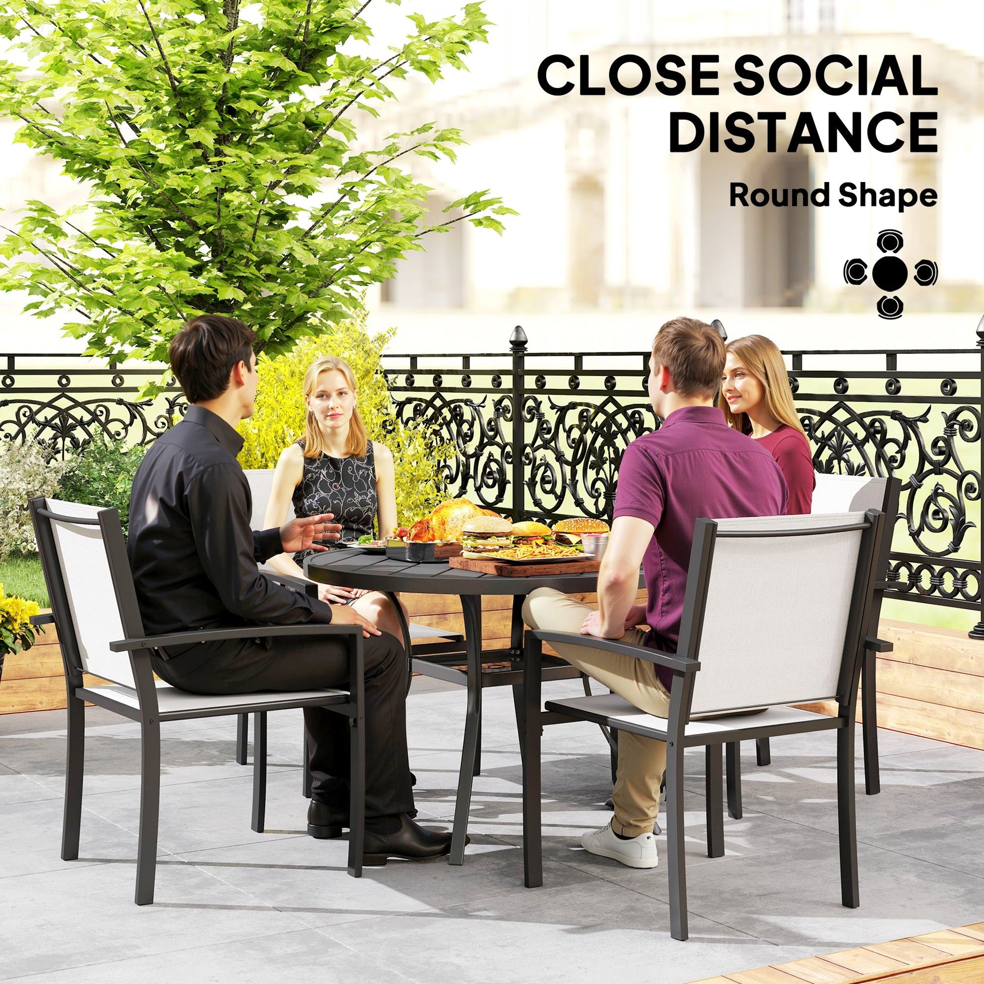 5 Piece Patio Table and Chairs, Outdoor Dining Set with Round Table and 4 Stackable Chairs, Steel Frame, for Backyard, Lawn, Deck, Balcony, Pool Side, Light Grey