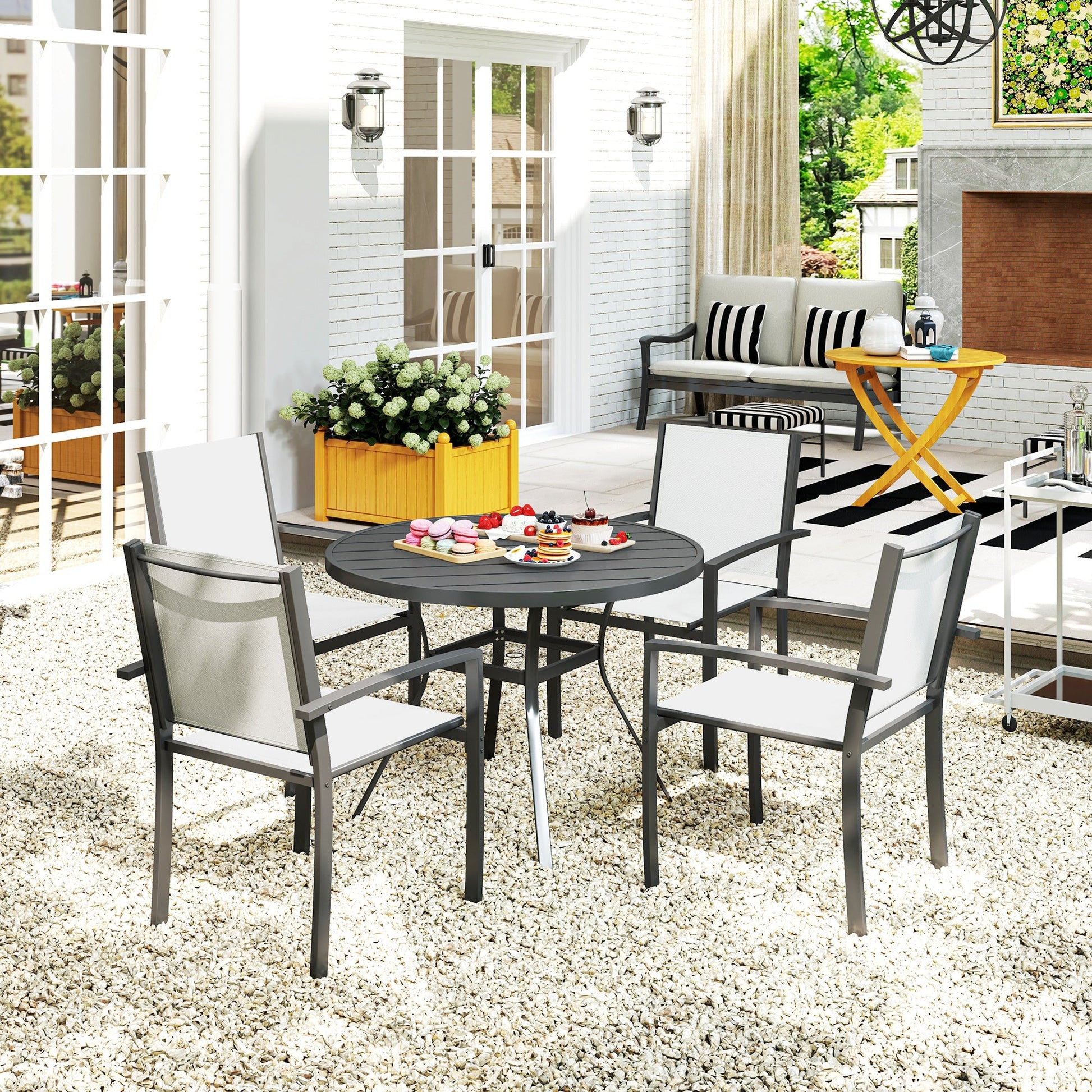 5 Piece Patio Table and Chairs, Outdoor Dining Set with Round Table and 4 Stackable Chairs, Steel Frame, for Backyard, Lawn, Deck, Balcony, Pool Side, Light Grey