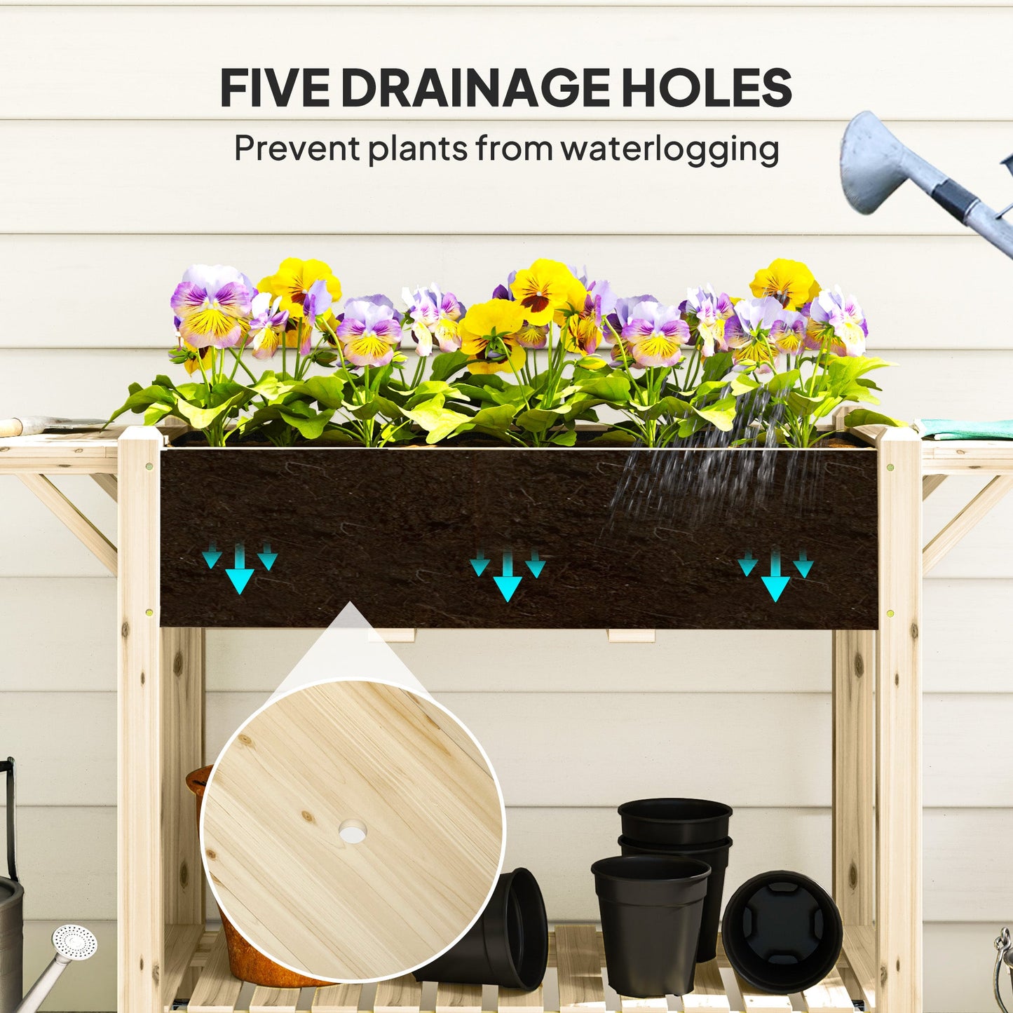 Raised Garden Bed, Elevated Wood Planter Box with Lockable Wheels, Foldable Side Tables and Bottom Shelf, Raised Planter with Bed Liner and Drainage Holes, Natural