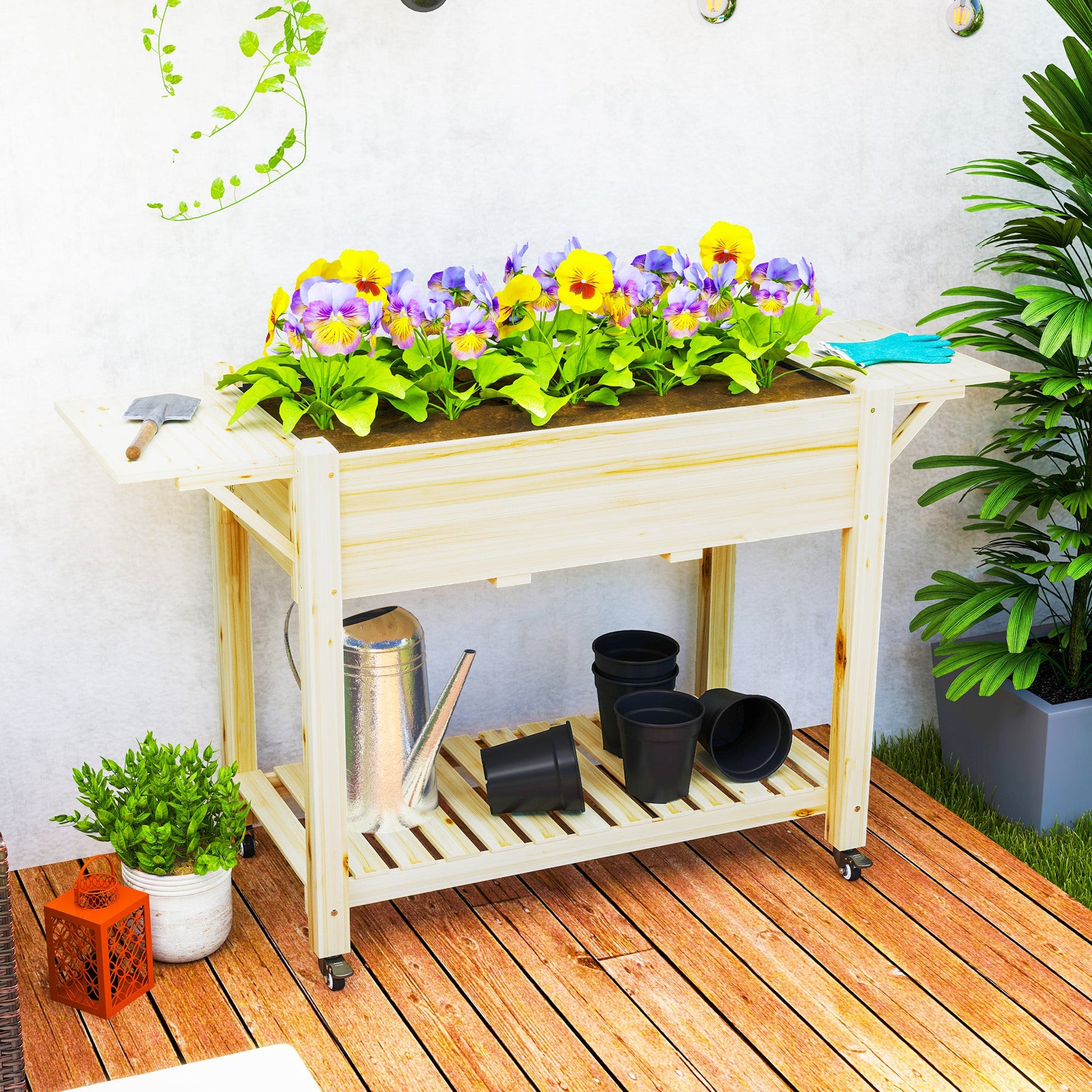 Raised Garden Bed, Elevated Wood Planter Box with Lockable Wheels, Foldable Side Tables and Bottom Shelf, Raised Planter with Bed Liner and Drainage Holes, Natural