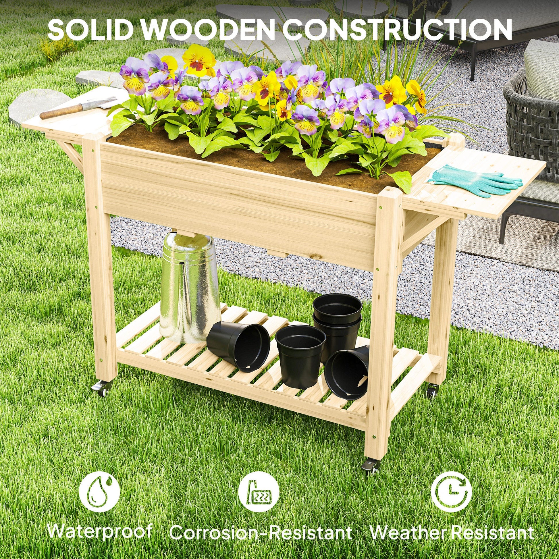 Raised Garden Bed, Elevated Wood Planter Box with Lockable Wheels, Foldable Side Tables and Bottom Shelf, Raised Planter with Bed Liner and Drainage Holes, Natural