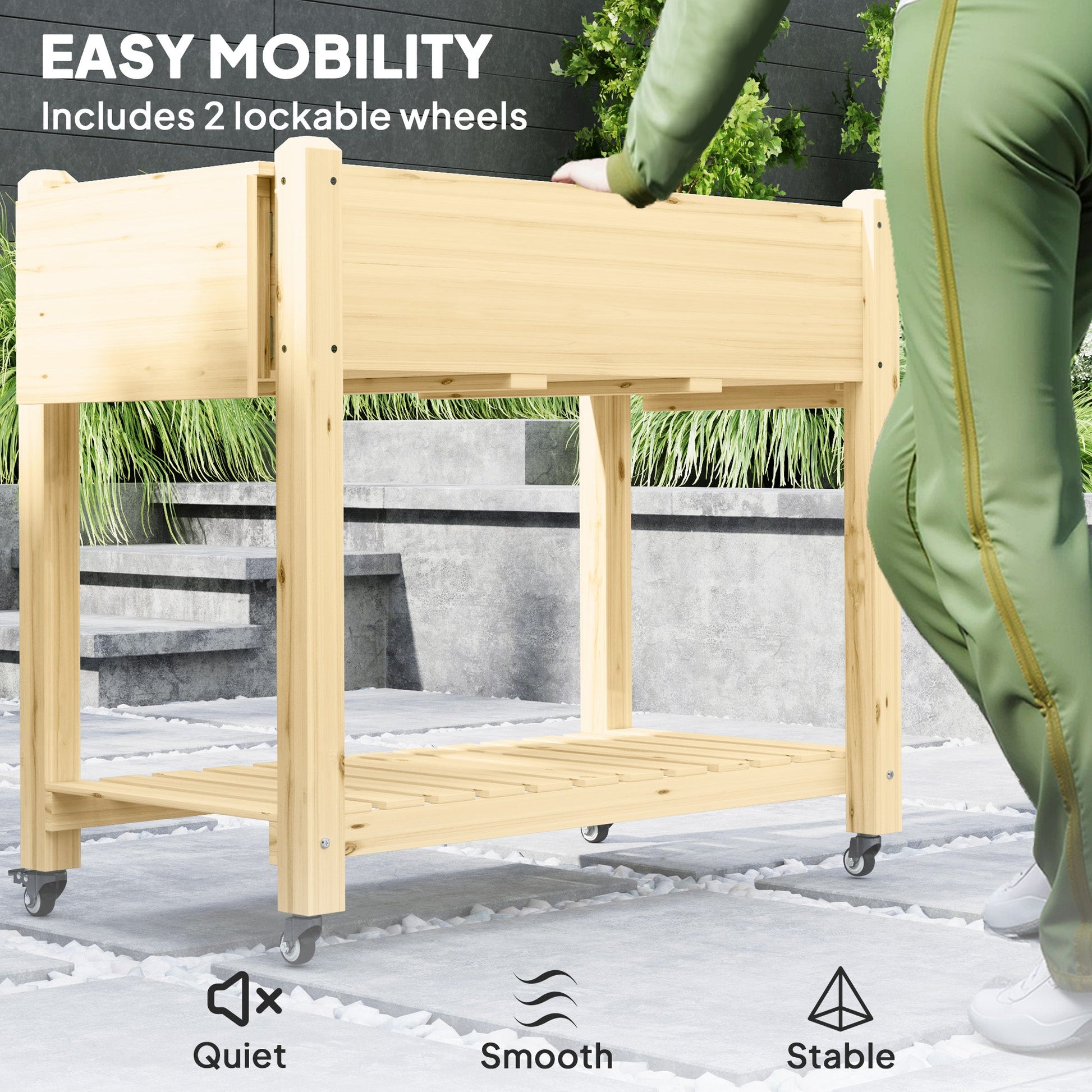 Raised Garden Bed, Elevated Wood Planter Box with Lockable Wheels, Foldable Side Tables and Bottom Shelf, Raised Planter with Bed Liner and Drainage Holes, Natural