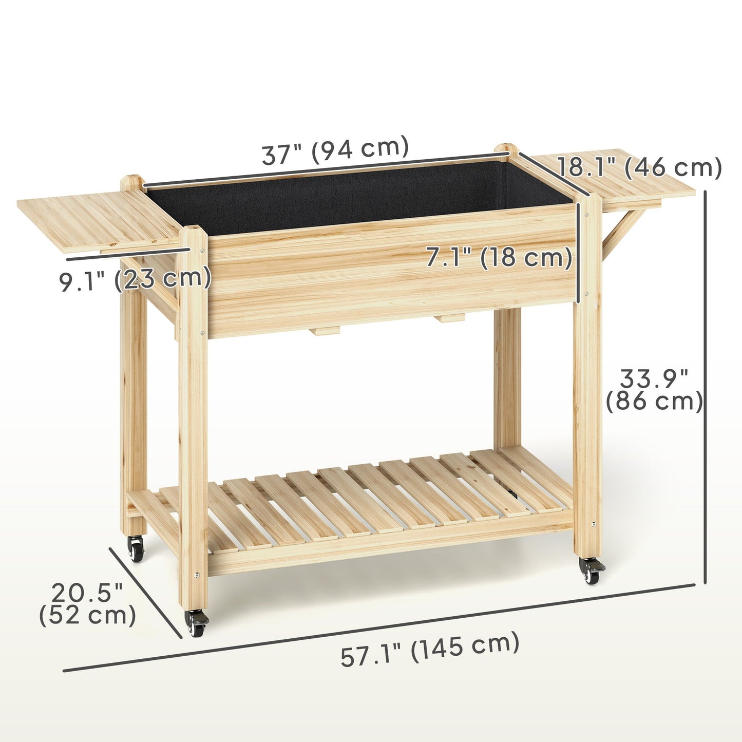 Raised Garden Bed, Elevated Wood Planter Box with Lockable Wheels, Foldable Side Tables and Bottom Shelf, Raised Planter with Bed Liner and Drainage Holes, Natural