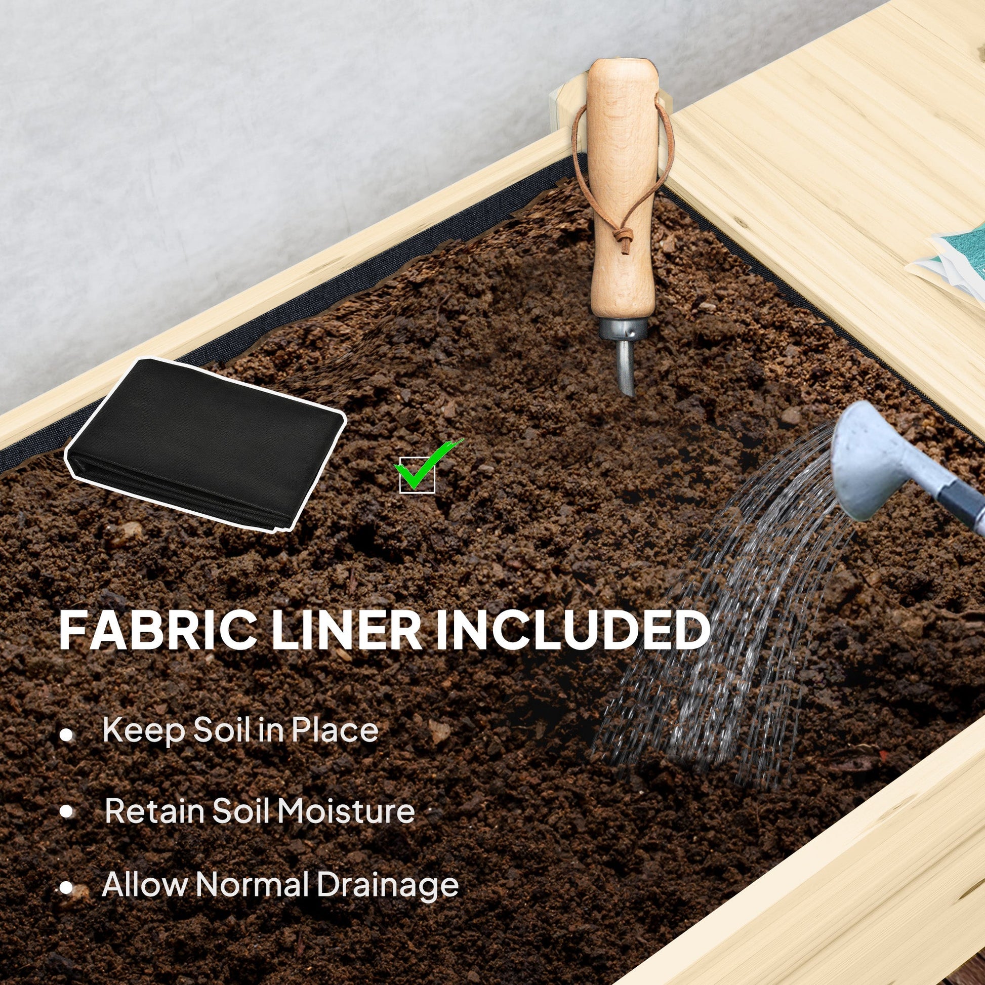 Raised Garden Bed, Elevated Wood Planter Box with Lockable Wheels, Foldable Side Tables and Bottom Shelf, Raised Planter with Bed Liner and Drainage Holes, Natural