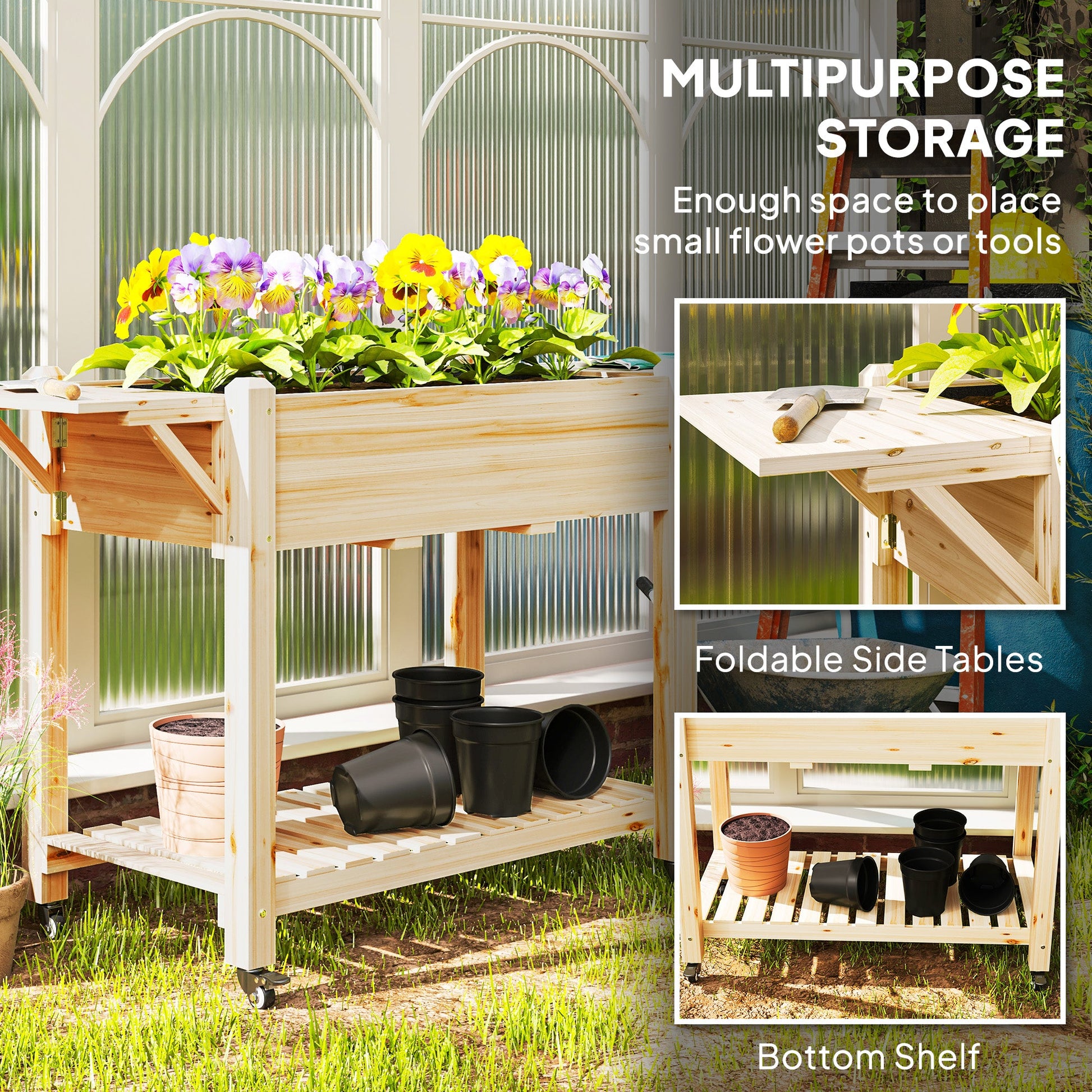 Raised Garden Bed, Elevated Wood Planter Box with Lockable Wheels, Foldable Side Tables and Bottom Shelf, Raised Planter with Bed Liner and Drainage Holes, Natural