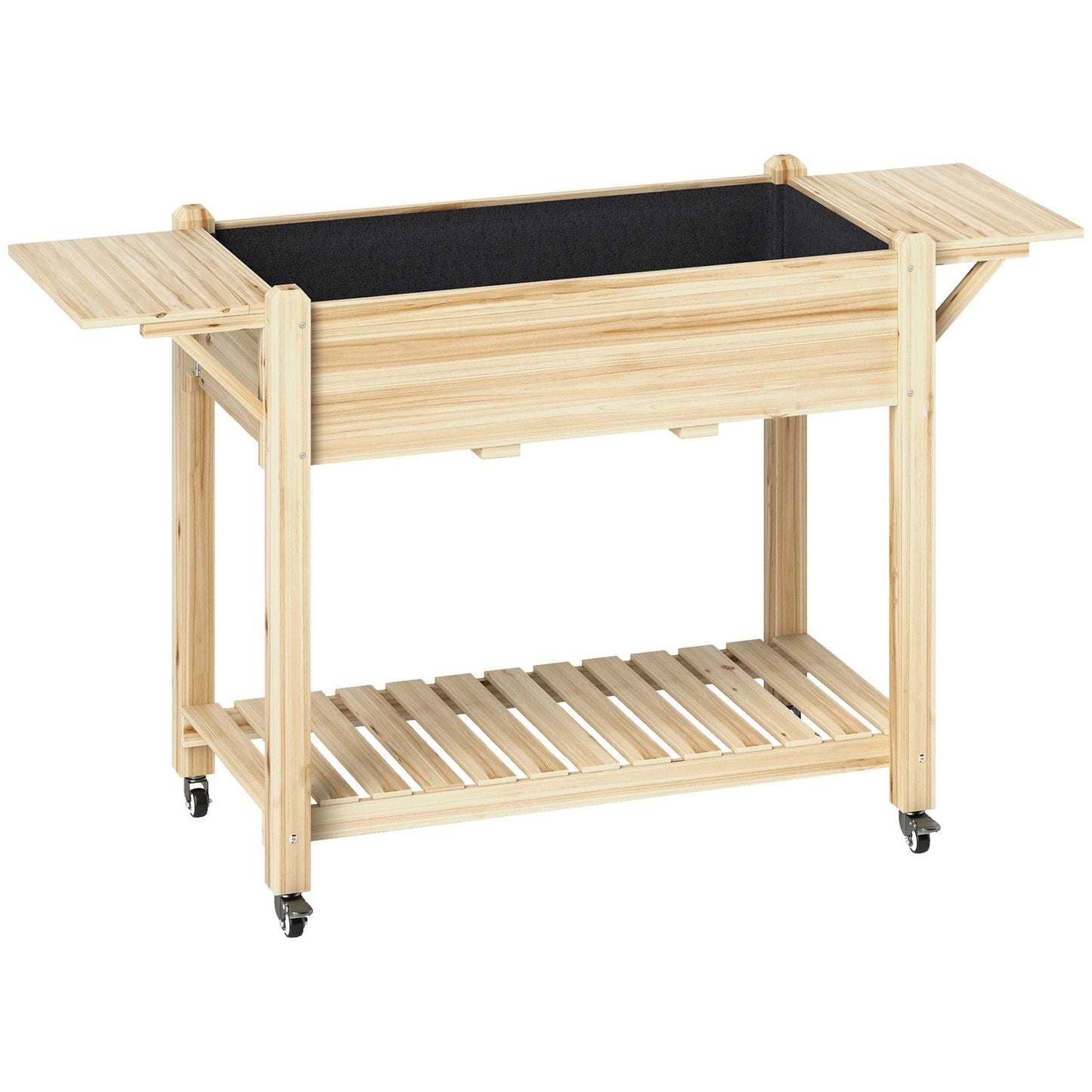 Raised Garden Bed, Elevated Wood Planter Box with Lockable Wheels, Foldable Side Tables and Bottom Shelf, Raised Planter with Bed Liner and Drainage Holes, Natural
