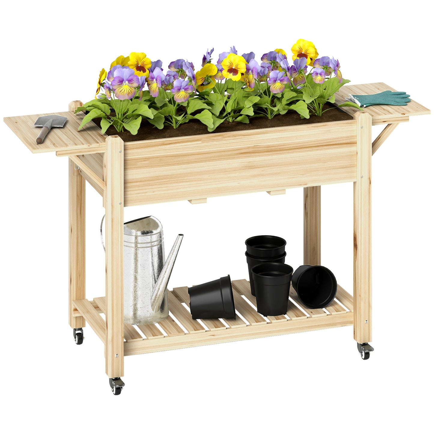 Raised Garden Bed, Elevated Wood Planter Box with Lockable Wheels, Foldable Side Tables and Bottom Shelf, Raised Planter with Bed Liner and Drainage Holes, Natural