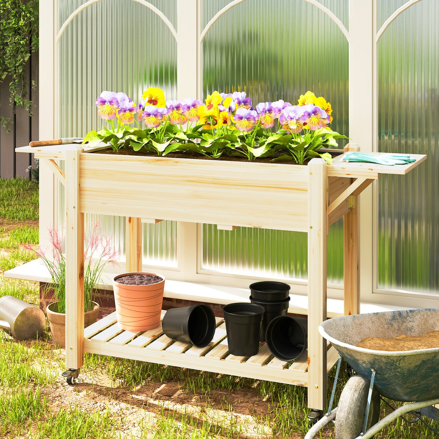 Raised Garden Bed, Elevated Wood Planter Box with Lockable Wheels, Foldable Side Tables and Bottom Shelf, Raised Planter with Bed Liner and Drainage Holes, Natural