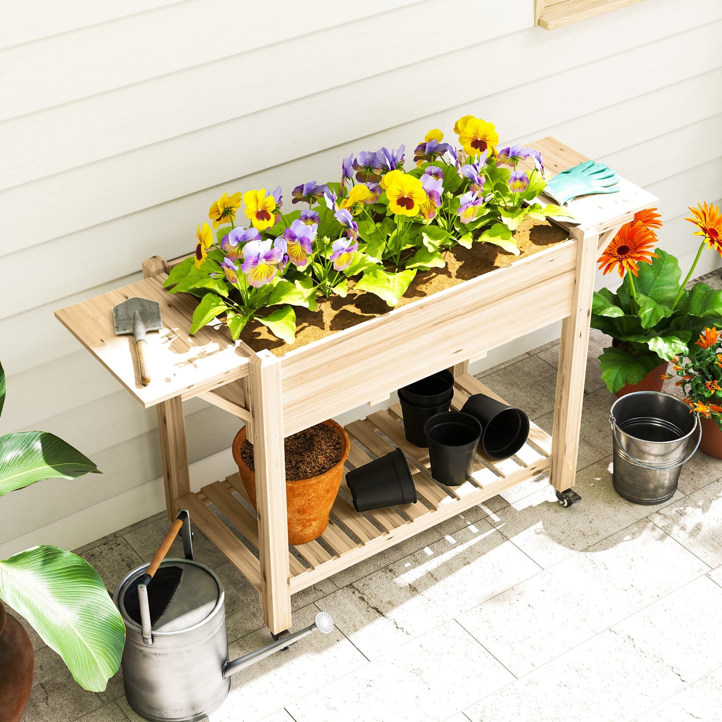 Raised Garden Bed, Elevated Wood Planter Box with Lockable Wheels, Foldable Side Tables and Bottom Shelf, Raised Planter with Bed Liner and Drainage Holes, Natural