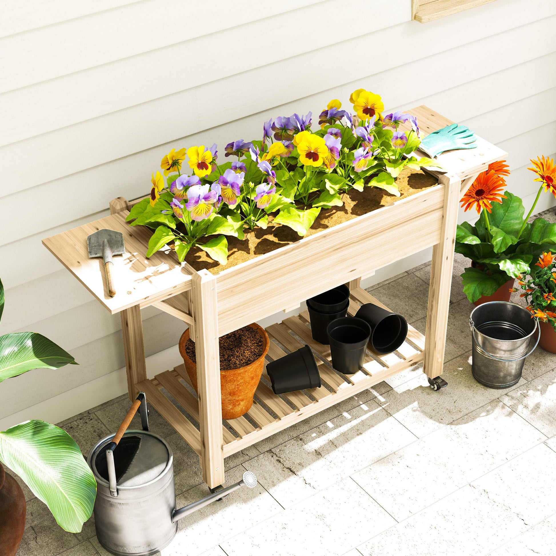 Raised Garden Bed, Elevated Wood Planter Box with Lockable Wheels, Foldable Side Tables and Bottom Shelf, Raised Planter with Bed Liner and Drainage Holes, Natural