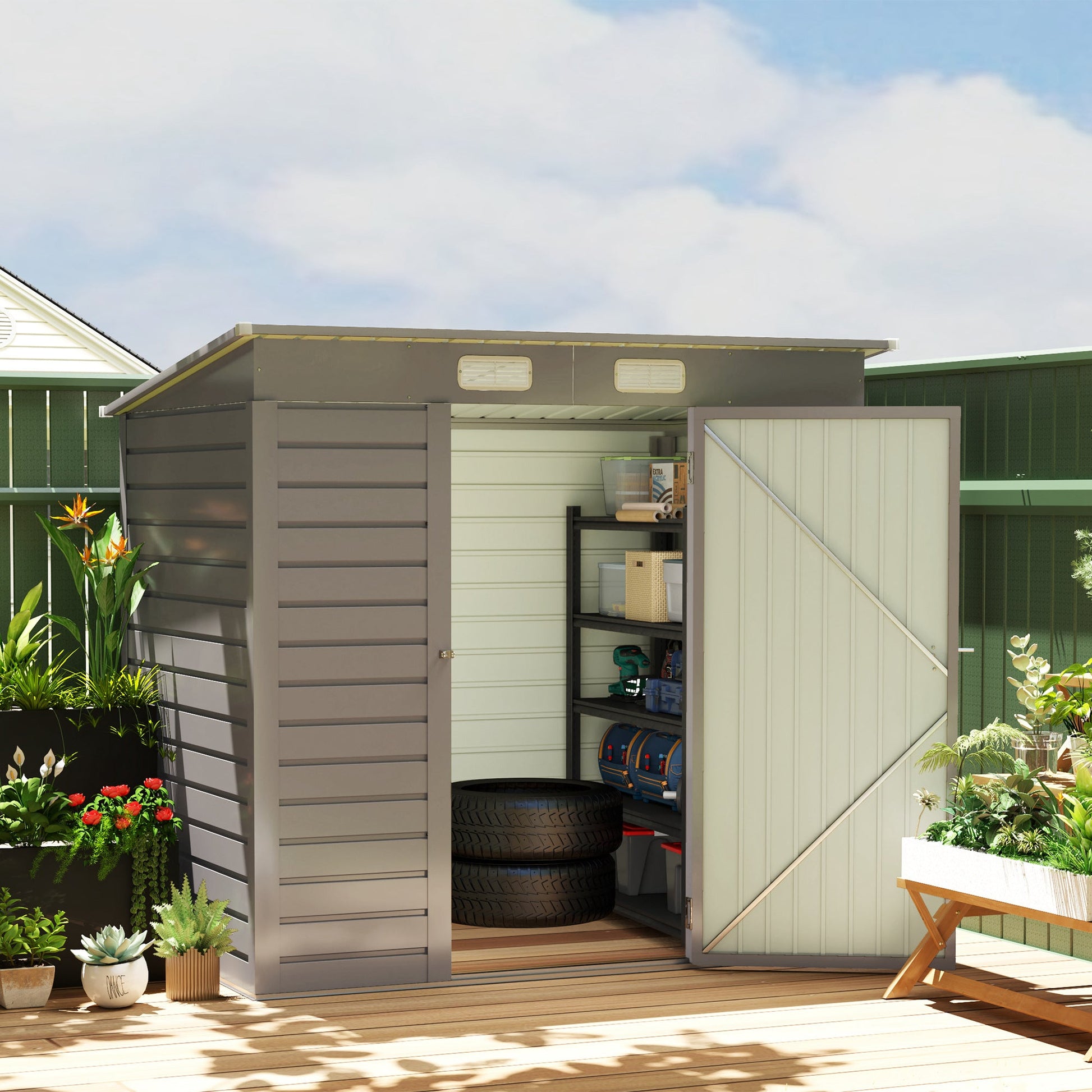 6 x 4FT Outdoor Storage Shed, Easy to Assemble Galvanized Metal Garden Shed, Waterproof Tool Shed with Lockable Door and 2 Vents for Backyard, Lawn, Patio, Light Grey