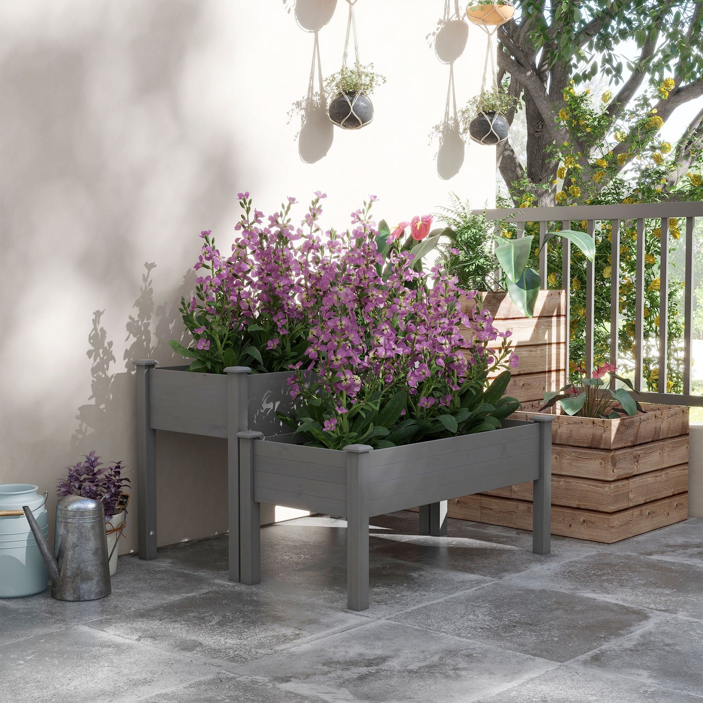 2 Tiers Raised Garden Bed, Wooden Elevated Planter Box with Legs Gardening Planting Bed with 2 Compartments for Flower Vegetable Herb Grow, Grey