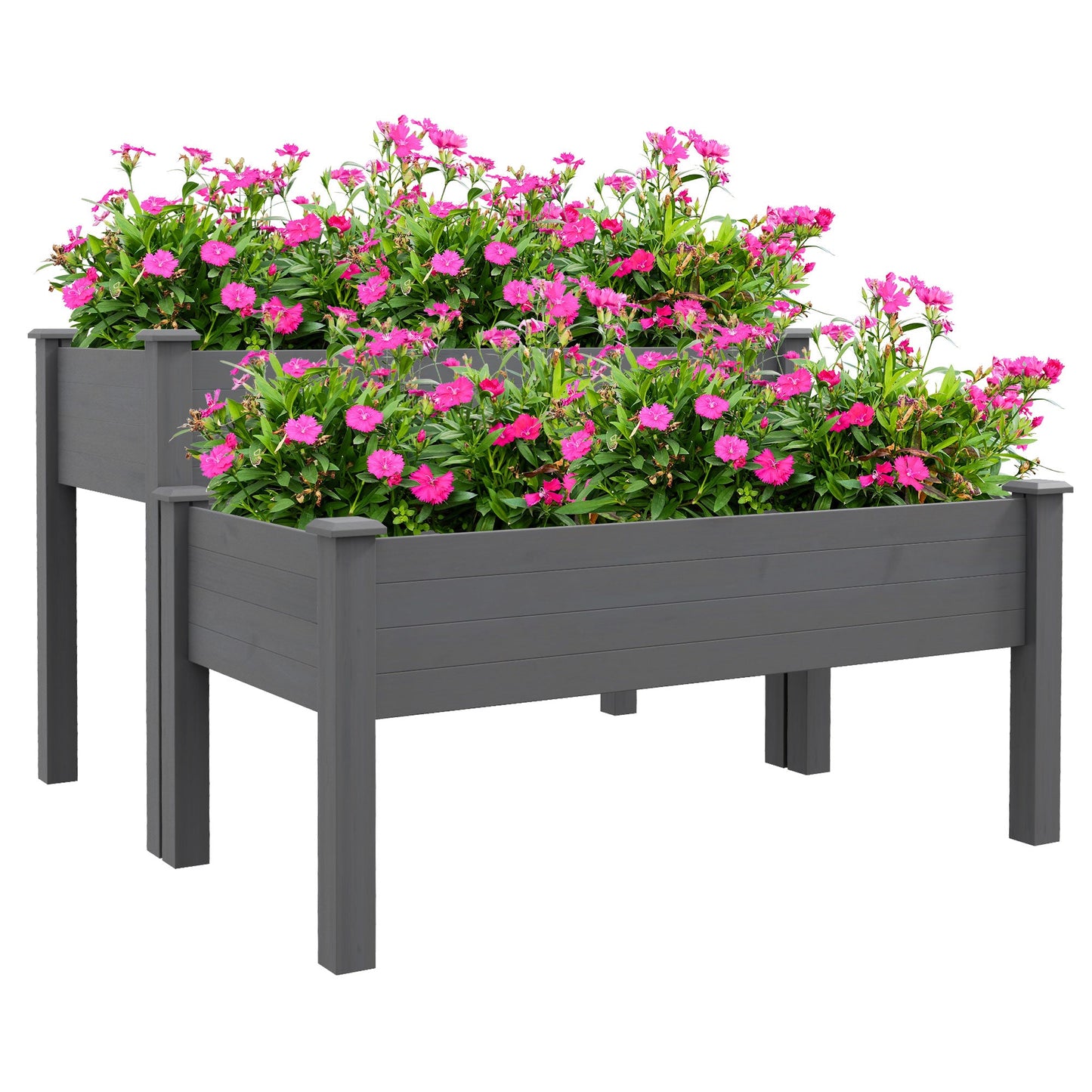 2 Tiers Raised Garden Bed, Wooden Elevated Planter Box with Legs Gardening Planting Bed with 2 Compartments for Flower Vegetable Herb Grow, Grey