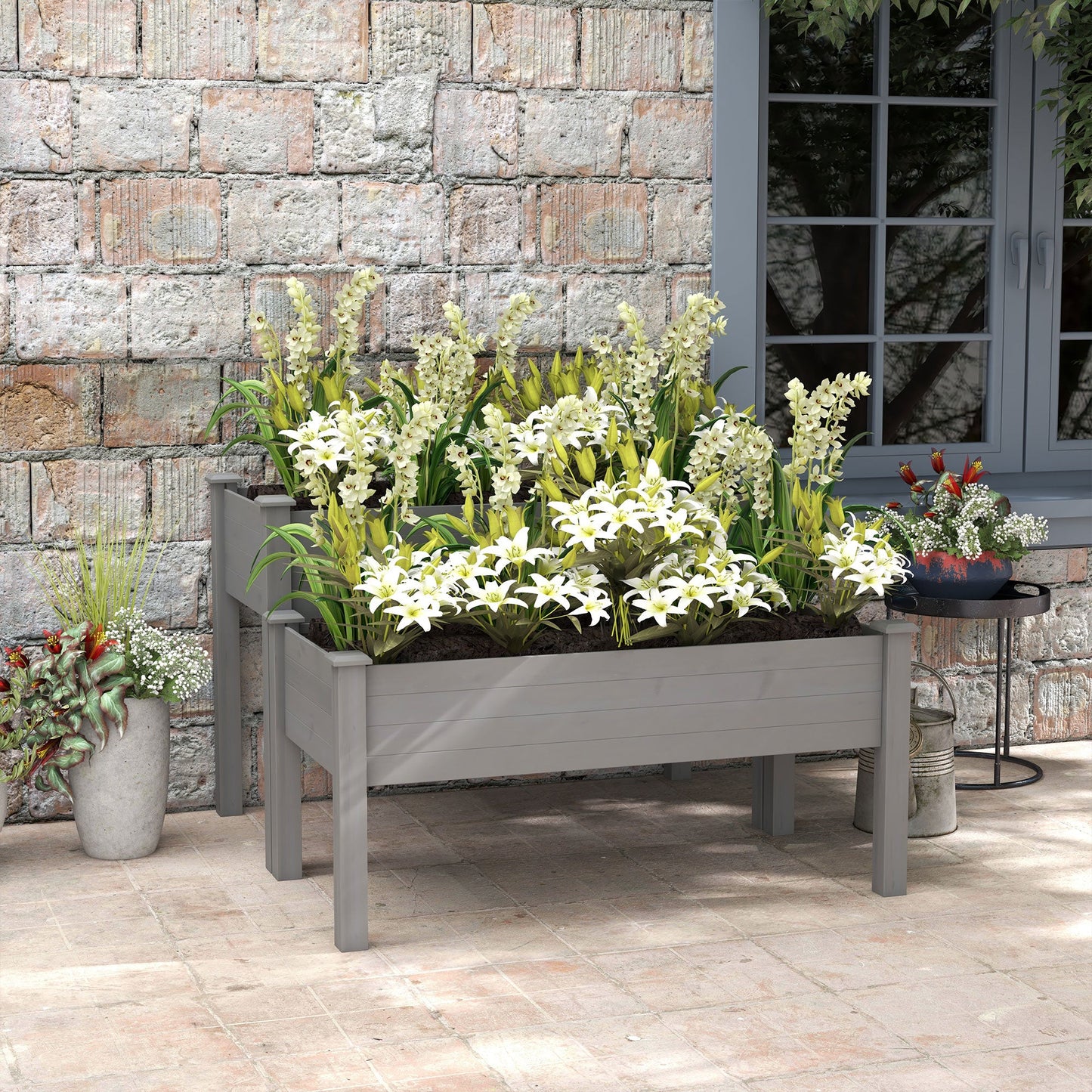 2 Tiers Raised Garden Bed, Wooden Elevated Planter Box with Legs Gardening Planting Bed with 2 Compartments for Flower Vegetable Herb Grow, Grey