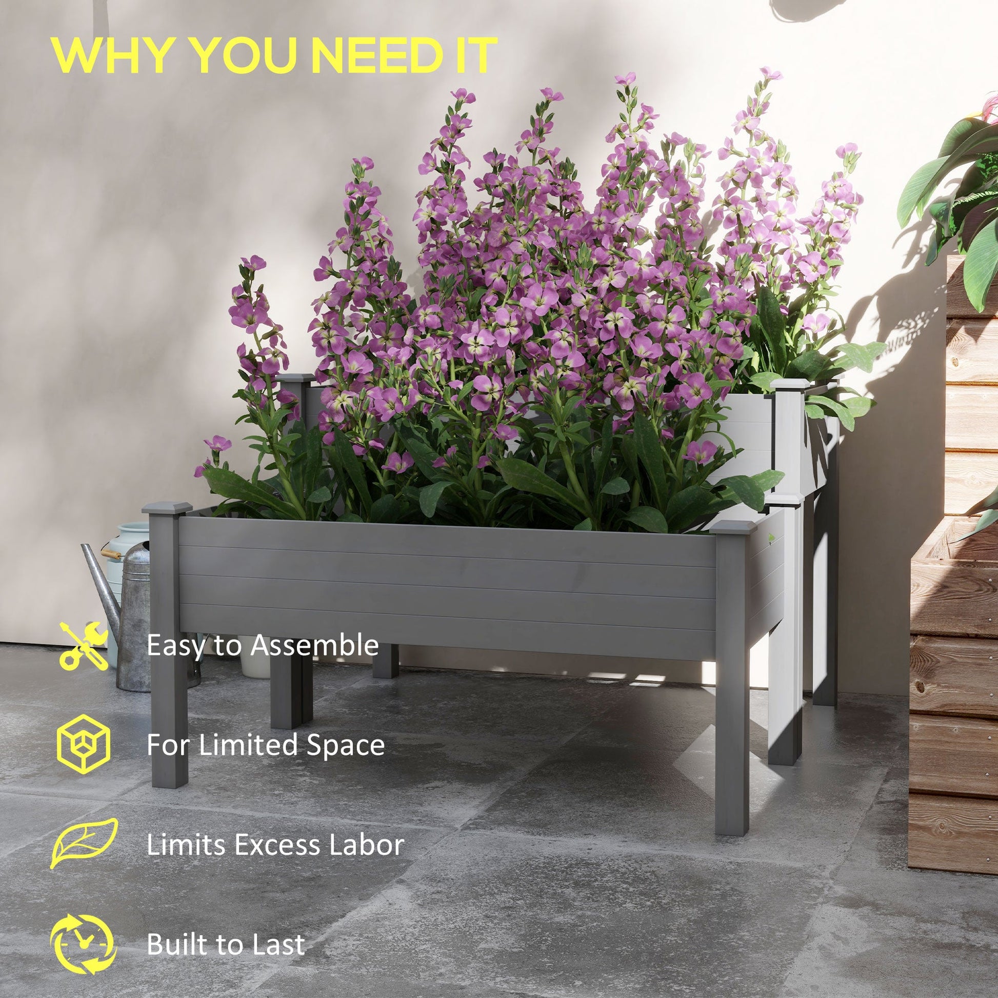2 Tiers Raised Garden Bed, Wooden Elevated Planter Box with Legs Gardening Planting Bed with 2 Compartments for Flower Vegetable Herb Grow, Grey