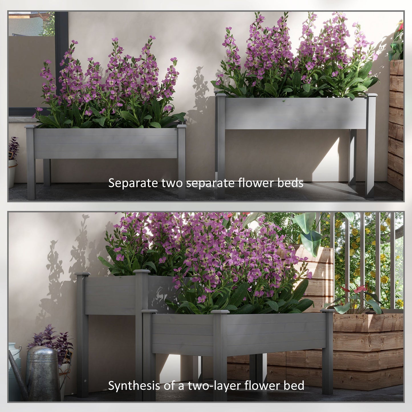 2 Tiers Raised Garden Bed, Wooden Elevated Planter Box with Legs Gardening Planting Bed with 2 Compartments for Flower Vegetable Herb Grow, Grey