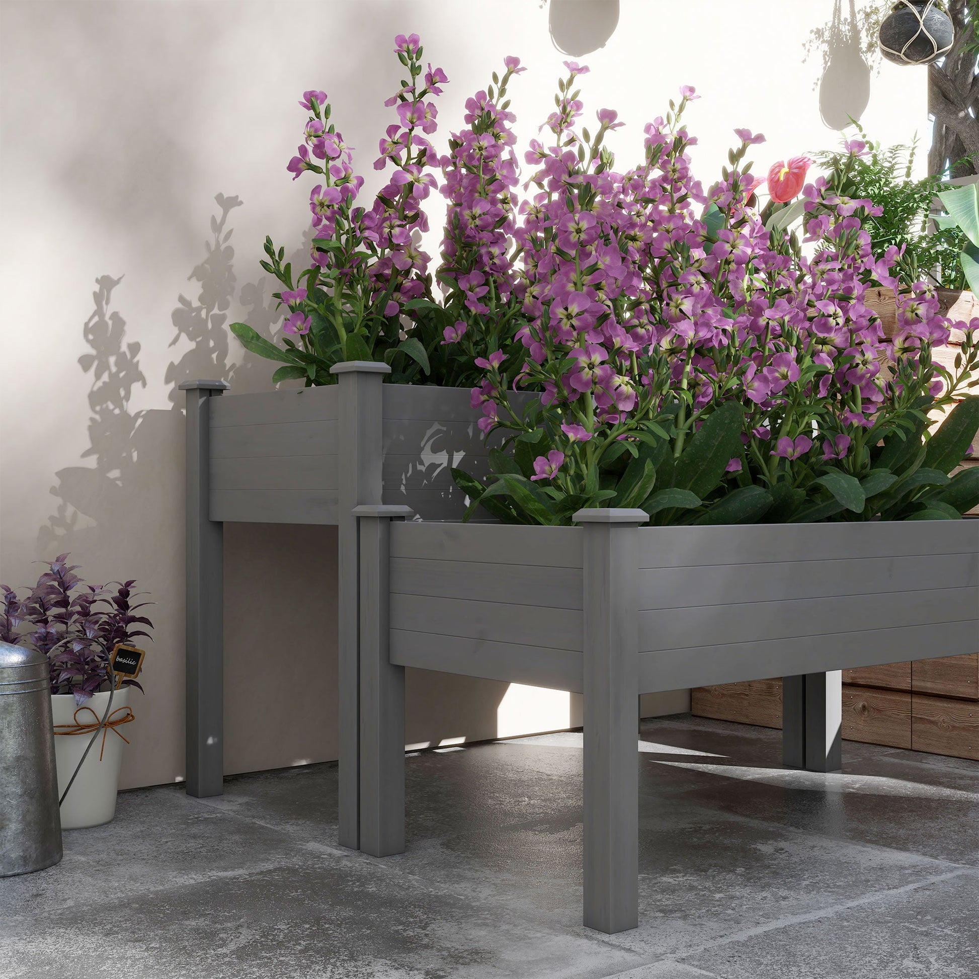 2 Tiers Raised Garden Bed, Wooden Elevated Planter Box with Legs Gardening Planting Bed with 2 Compartments for Flower Vegetable Herb Grow, Grey