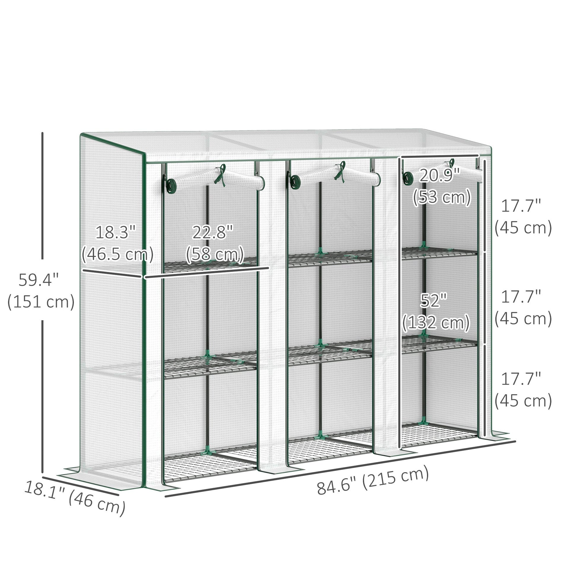 Lean-to Mini Greenhouse with 3 Tier Shelves, Portable Garden Hot House with 3 Roll-Up Doors for Indoor Outdoor, 84.6"x18.1"x56.7", White