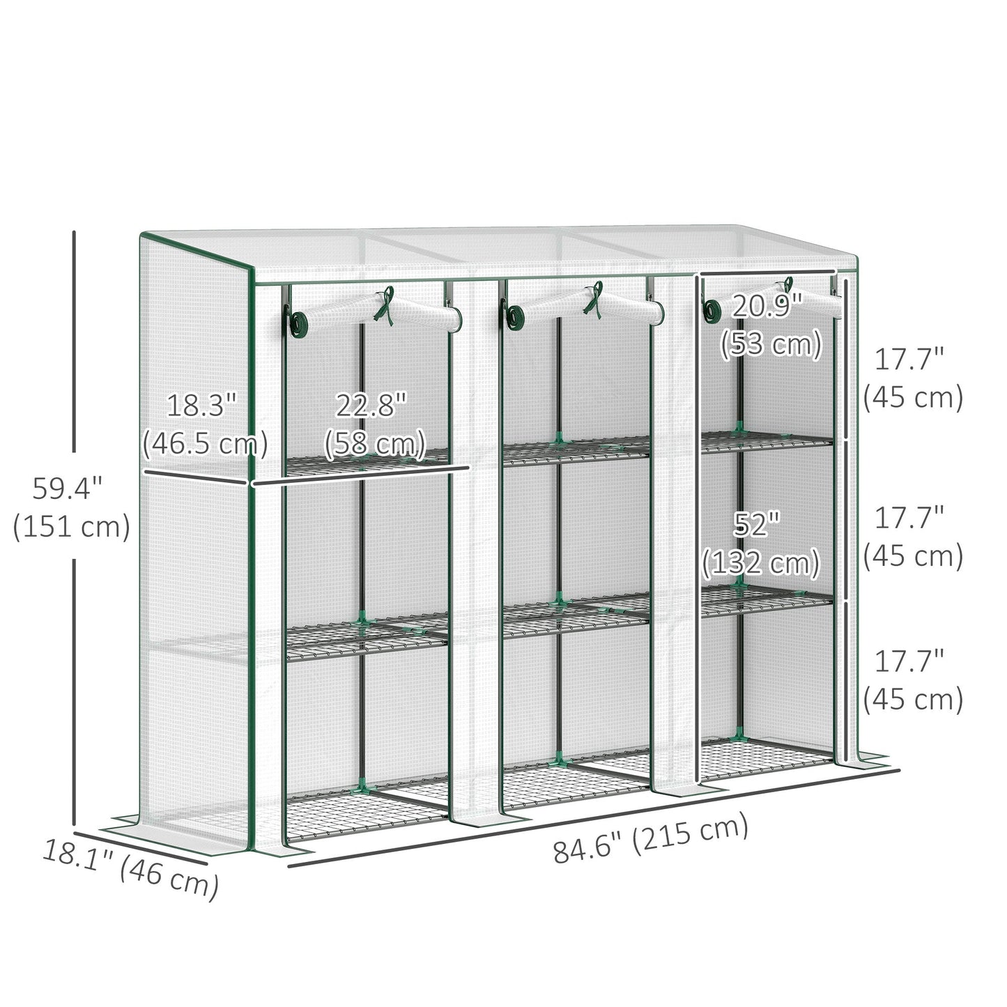 Lean-to Mini Greenhouse with 3 Tier Shelves, Portable Garden Hot House with 3 Roll-Up Doors for Indoor Outdoor, 84.6"x18.1"x56.7", White