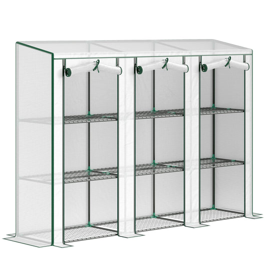 Lean-to Mini Greenhouse with 3 Tier Shelves, Portable Garden Hot House with 3 Roll-Up Doors for Indoor Outdoor, 84.6"x18.1"x56.7", White