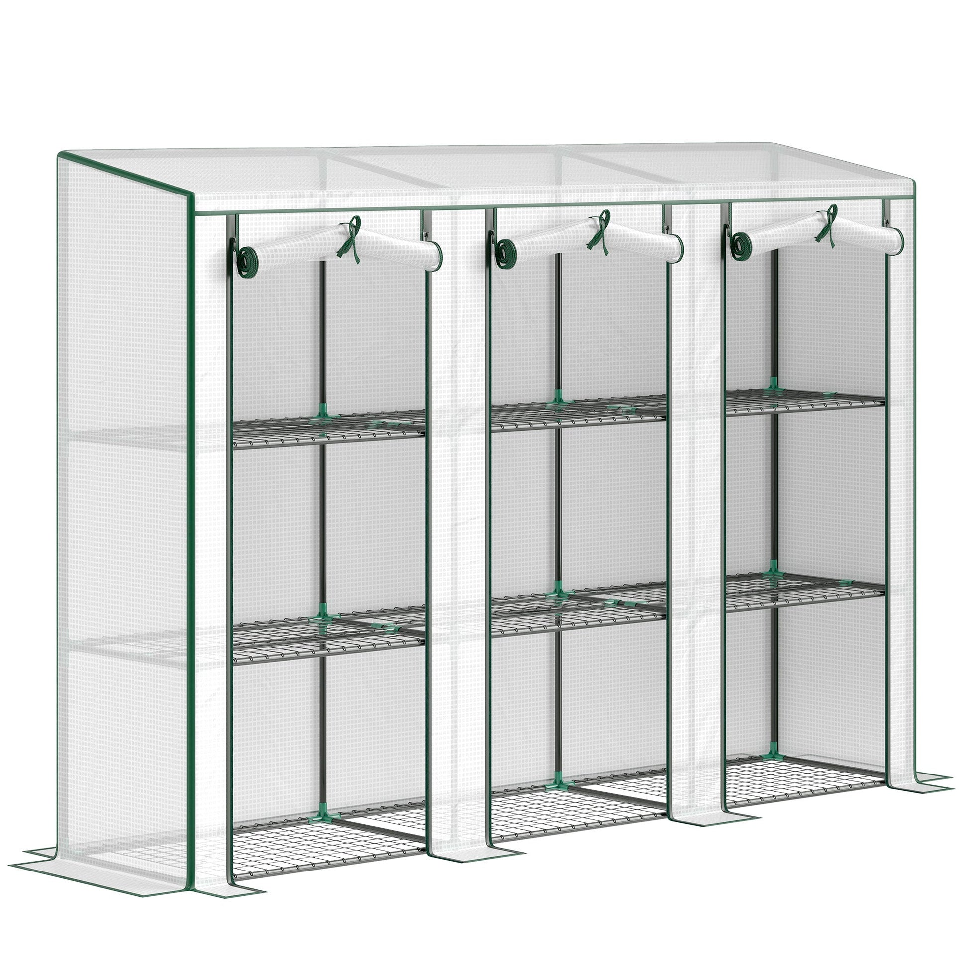 Lean-to Mini Greenhouse with 3 Tier Shelves, Portable Garden Hot House with 3 Roll-Up Doors for Indoor Outdoor, 84.6"x18.1"x56.7", White