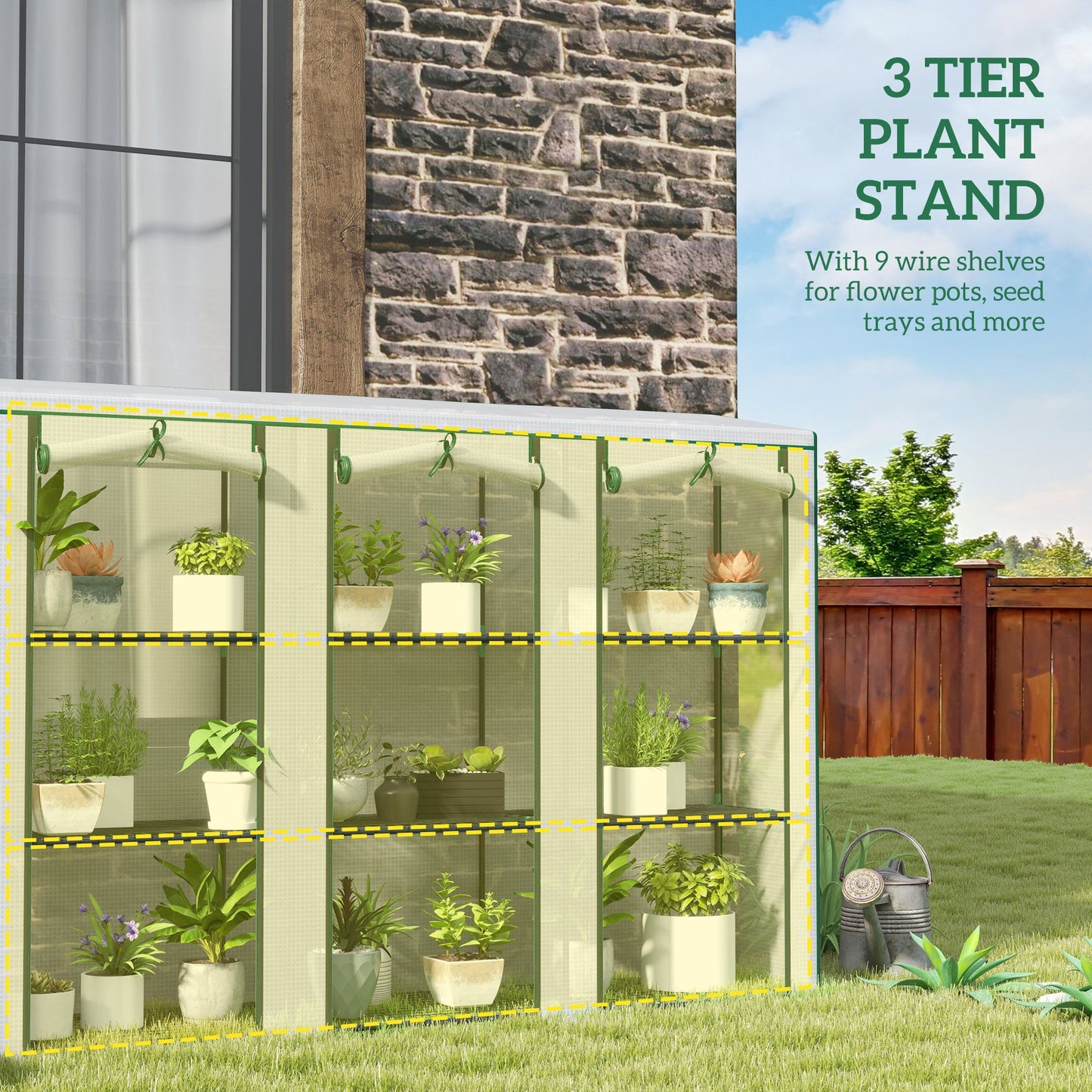 Lean-to Mini Greenhouse with 3 Tier Shelves, Portable Garden Hot House with 3 Roll-Up Doors for Indoor Outdoor, 84.6"x18.1"x56.7", White