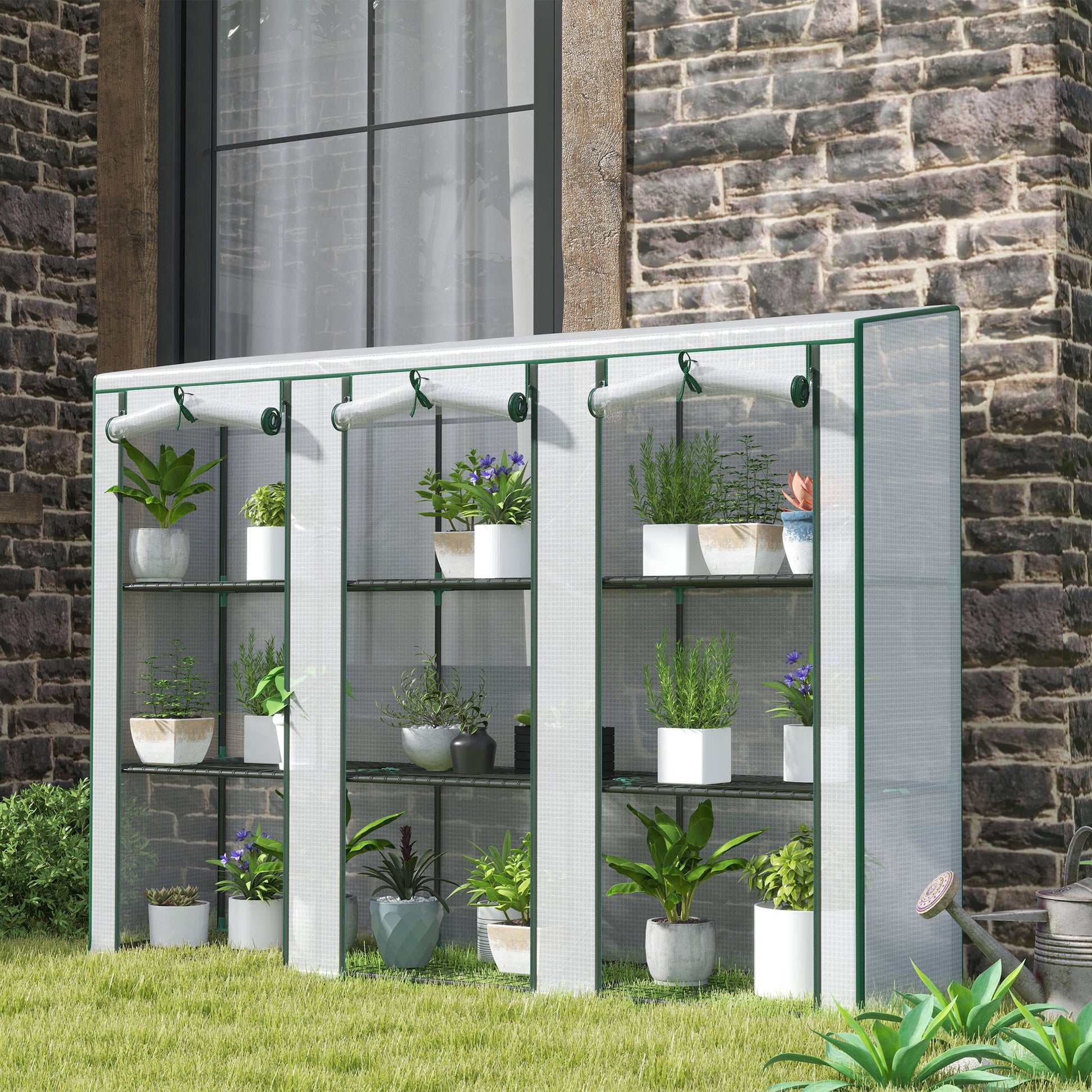 Lean-to Mini Greenhouse with 3 Tier Shelves, Portable Garden Hot House with 3 Roll-Up Doors for Indoor Outdoor, 84.6"x18.1"x56.7", White