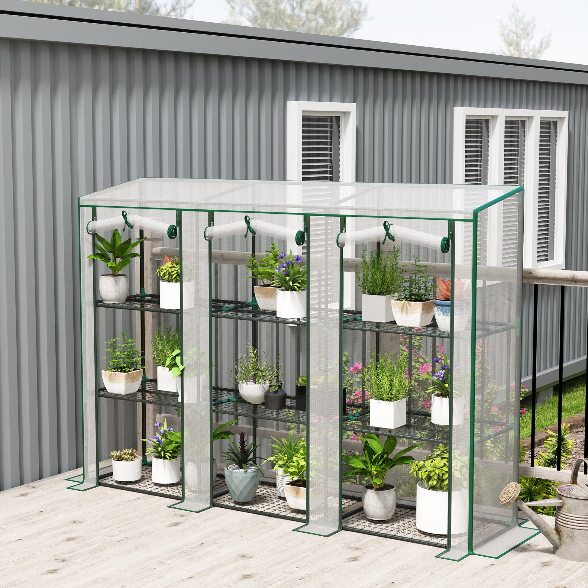 Lean-to Mini Greenhouse with 3 Tier Shelves, Portable Garden Hot House with 3 Roll-Up Doors for Indoor Outdoor, 84.6"x18.1"x56.7", White