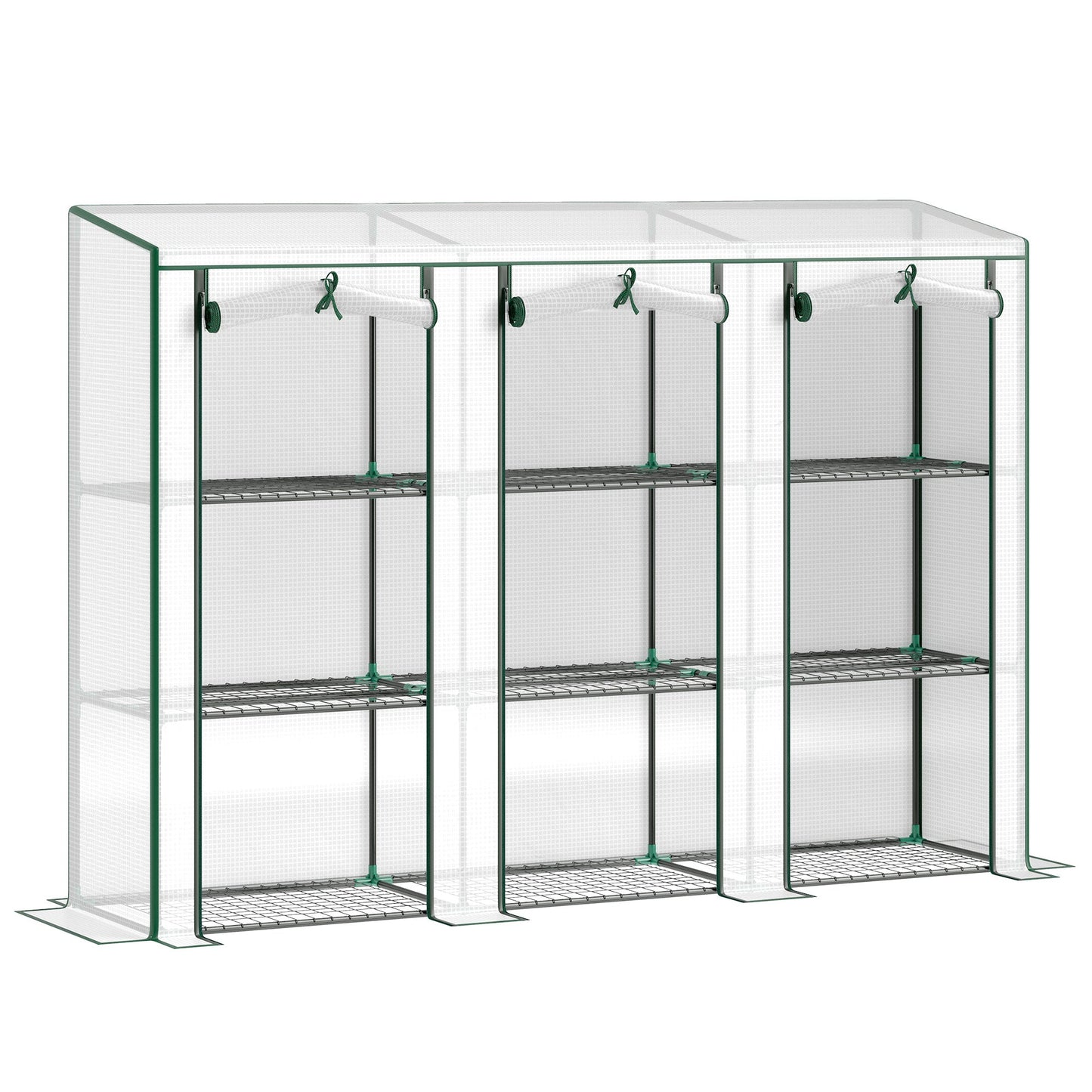 Lean-to Mini Greenhouse with 3 Tier Shelves, Portable Garden Hot House with 3 Roll-Up Doors for Indoor Outdoor, 84.6"x18.1"x56.7", White