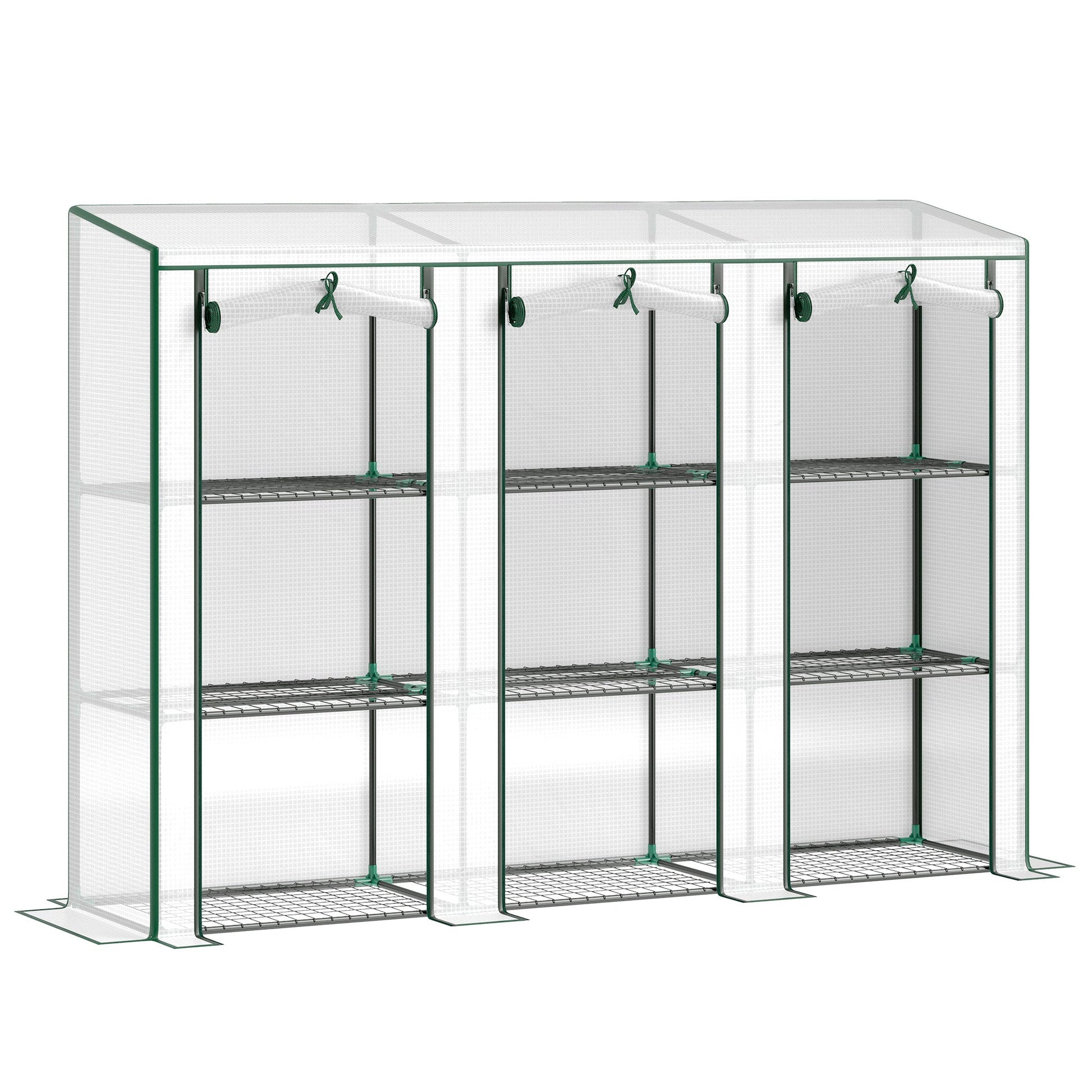 Lean-to Mini Greenhouse with 3 Tier Shelves, Portable Garden Hot House with 3 Roll-Up Doors for Indoor Outdoor, 84.6"x18.1"x56.7", White