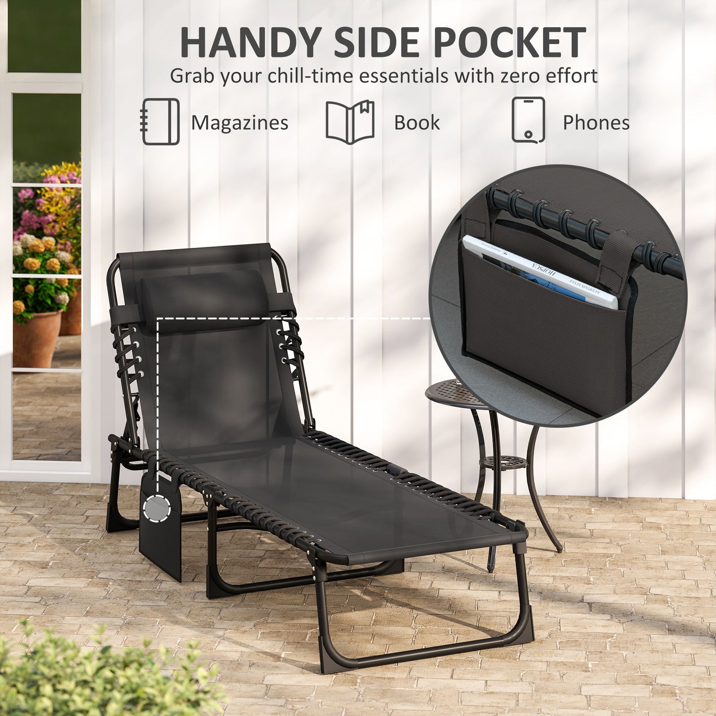 Folding Lounge Chair, Reclining Tanning Chair, Portable Sun Lounger with Adjustable Backrest and Removable Pillow for Patio, Garden, Beach, Black