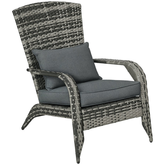 Patio Wicker Adirondack Chair, Outdoor PE Rattan Fire Pit Chair, Muskoka Chair w/ Soft Cushions, Tall Curved Backrest and Comfortable Armrests for Deck Garden, Grey
