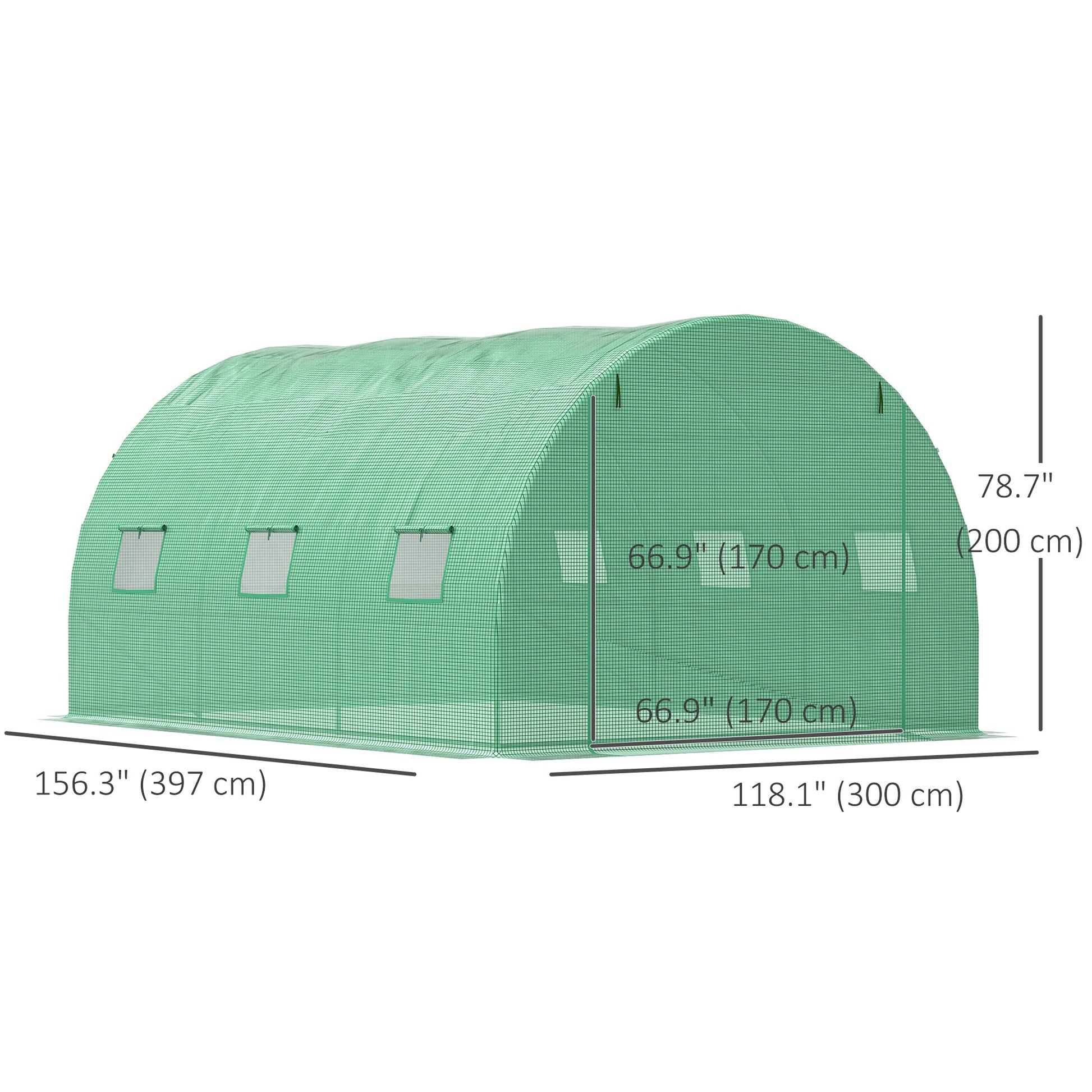 13' x 10' x 6.6'  Walk-in Polytunnel Greenhouse, Outdoor Garden Tunnel Greenhouse Tent with Zipped Roll-Up Door and 6 Mesh Windows, Green